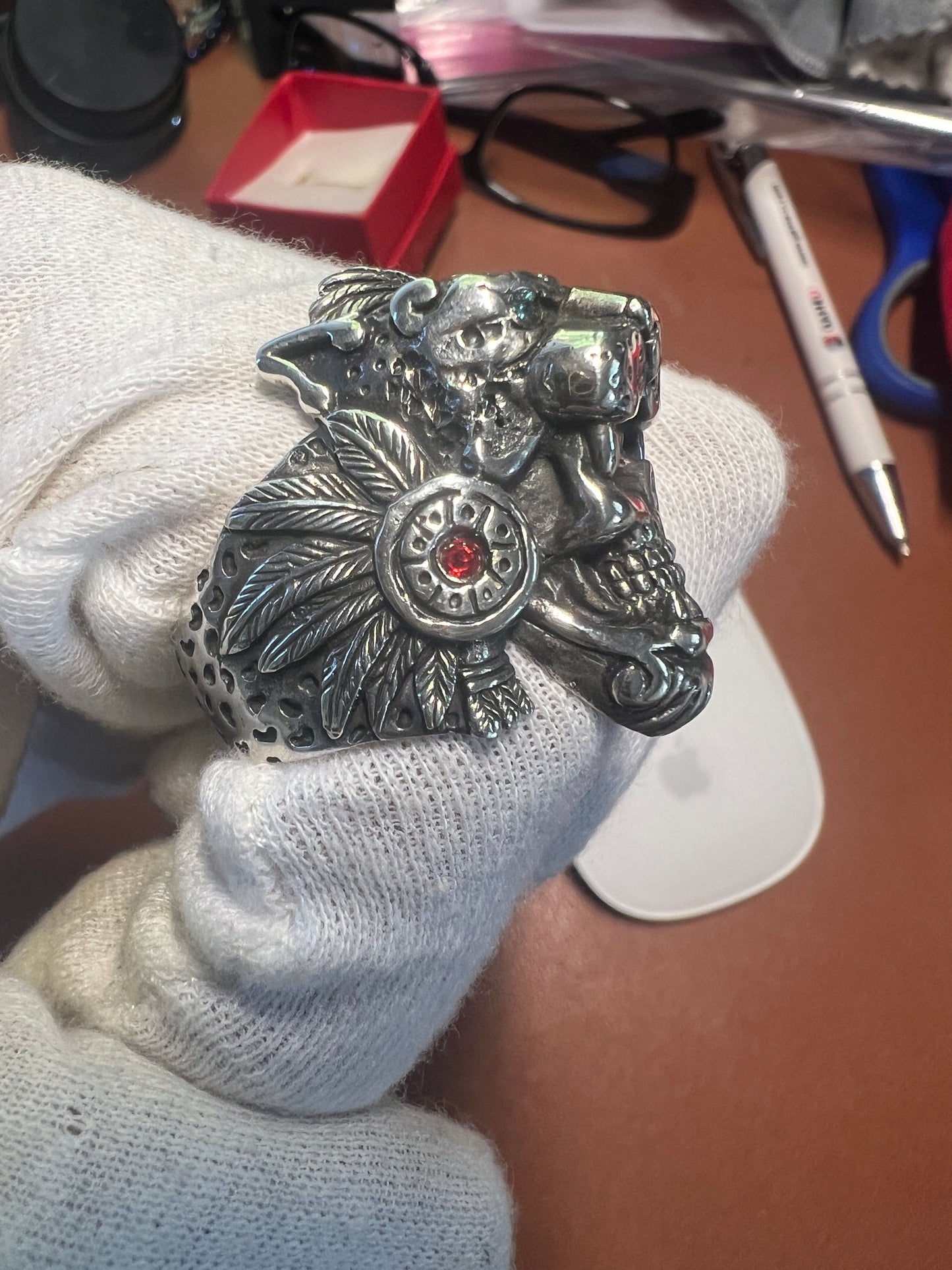 Jaguar Warrior Ring, Azteca, Maya, Sterling Silver, Size 13, with Red and Agua Marina Zirconia from Mexico (#10)