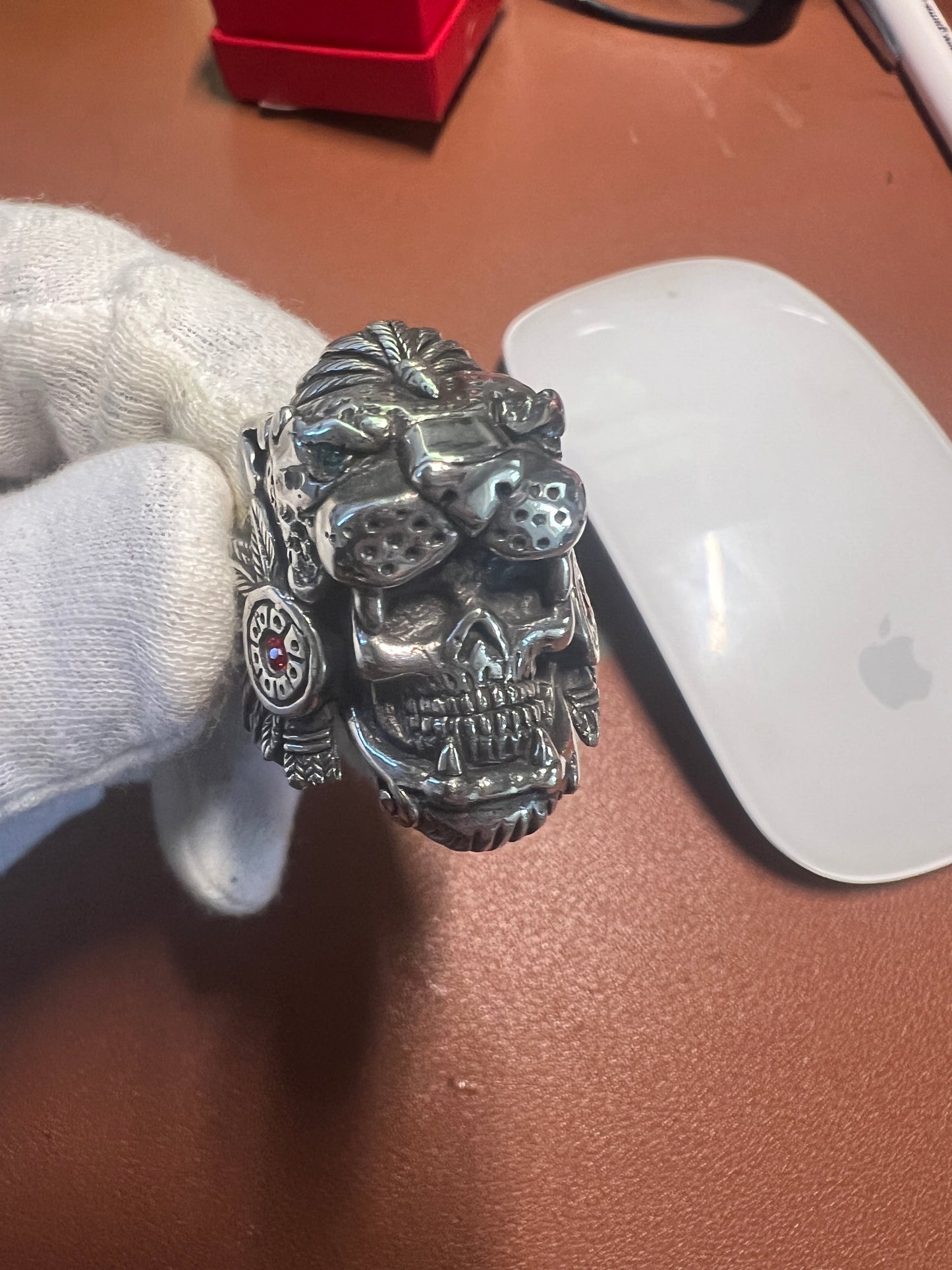 Jaguar Warrior Ring, Azteca, Maya, Sterling Silver, Size 13, with Red and Agua Marina Zirconia from Mexico (#10)