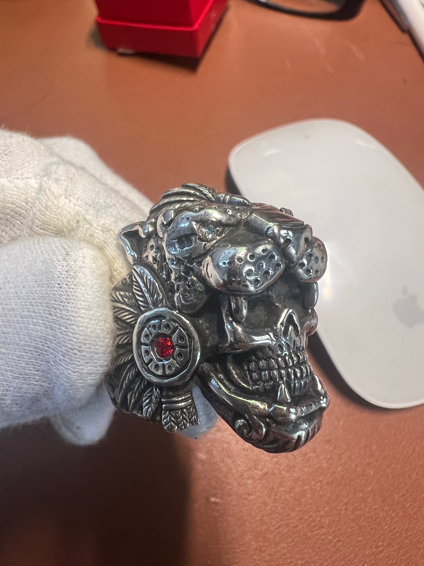 Jaguar Warrior Ring, Azteca, Maya, Sterling Silver, Size 13, with Red and Agua Marina Zirconia from Mexico (#10)