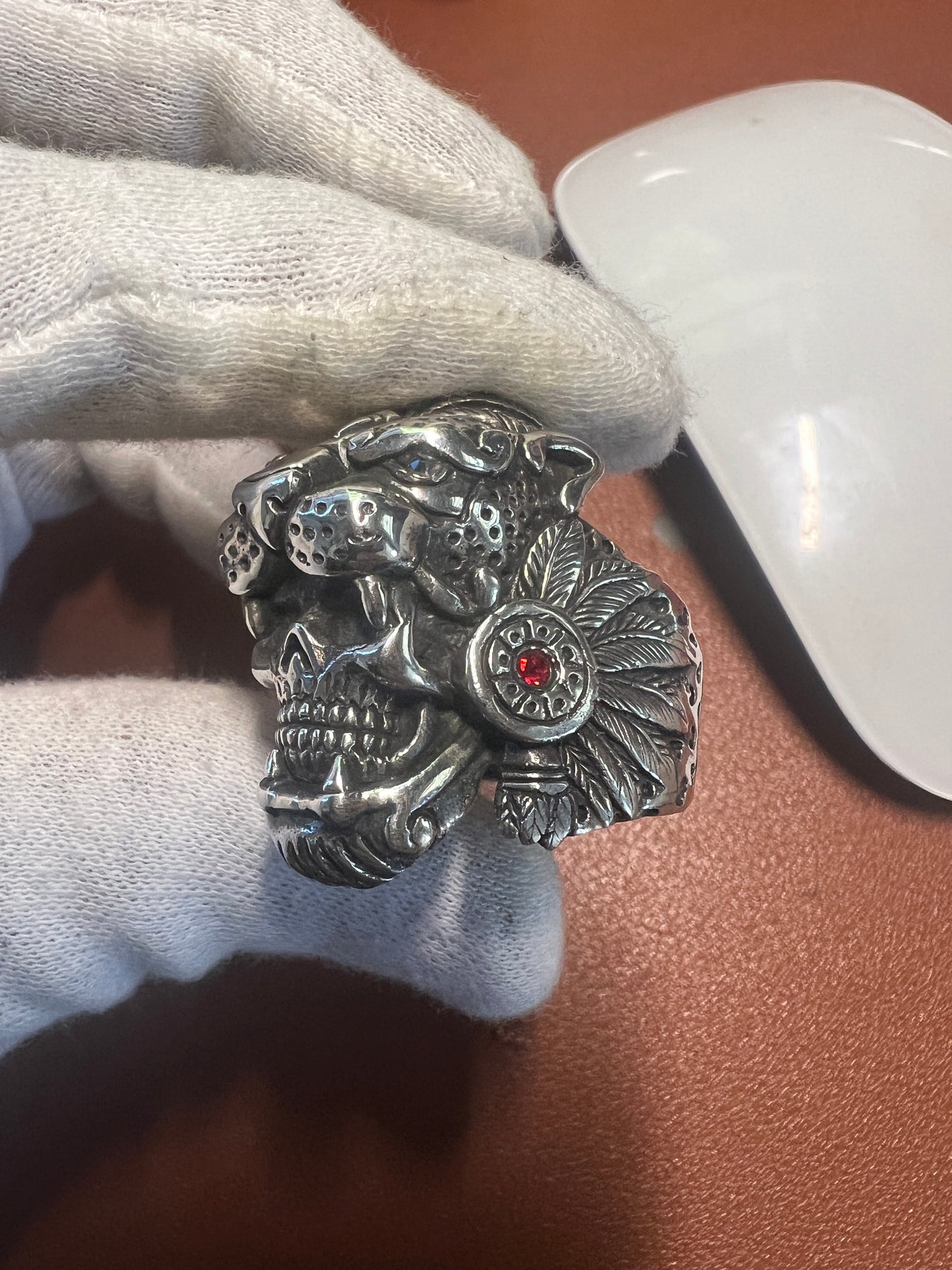 Jaguar Warrior Ring, Azteca, Maya, Sterling Silver, Size 13, with Red and Agua Marina Zirconia from Mexico (#10)