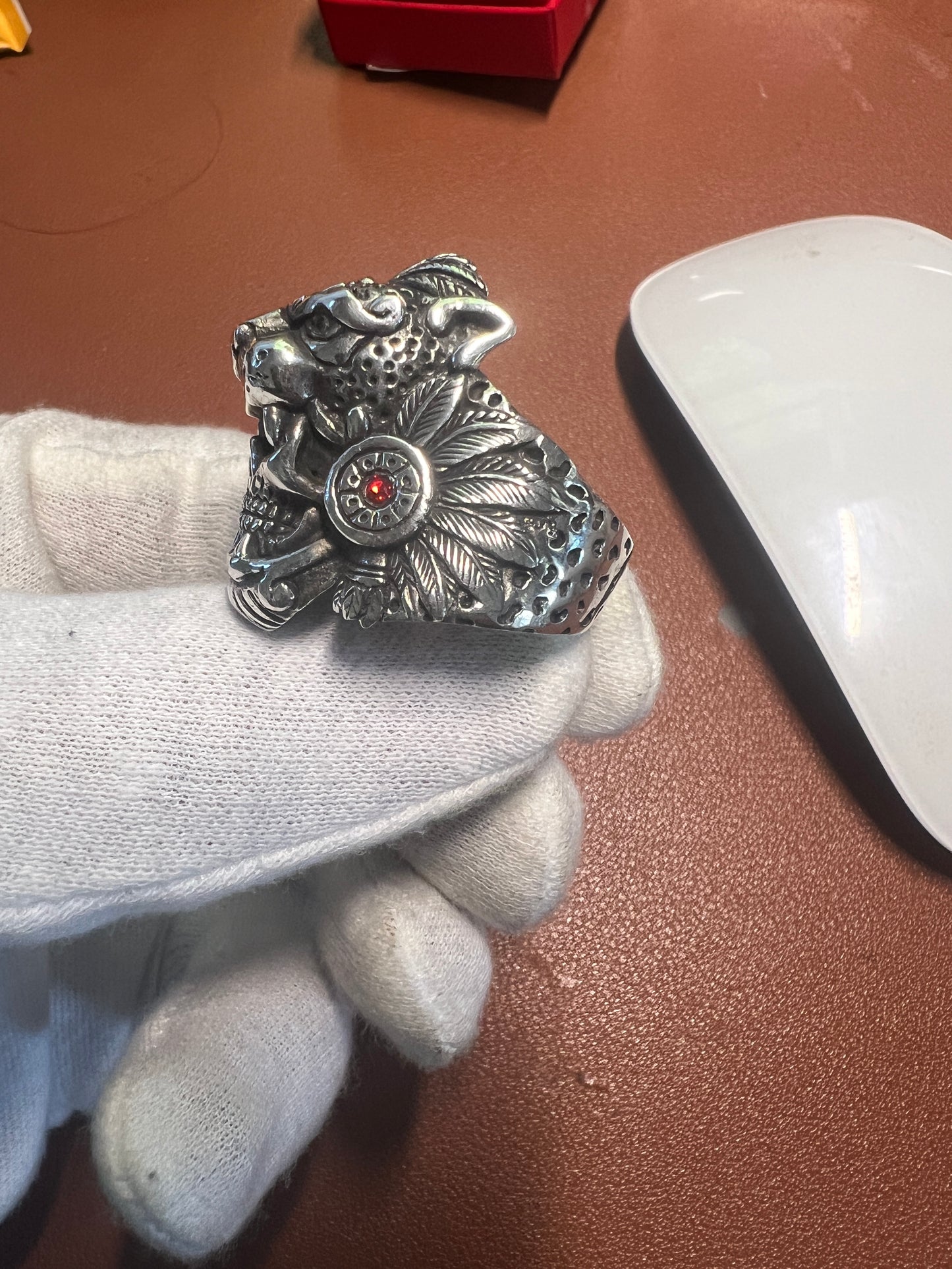 Jaguar Warrior Ring, Azteca, Maya, Sterling Silver, Size 13, with Red and Agua Marina Zirconia from Mexico (#10)