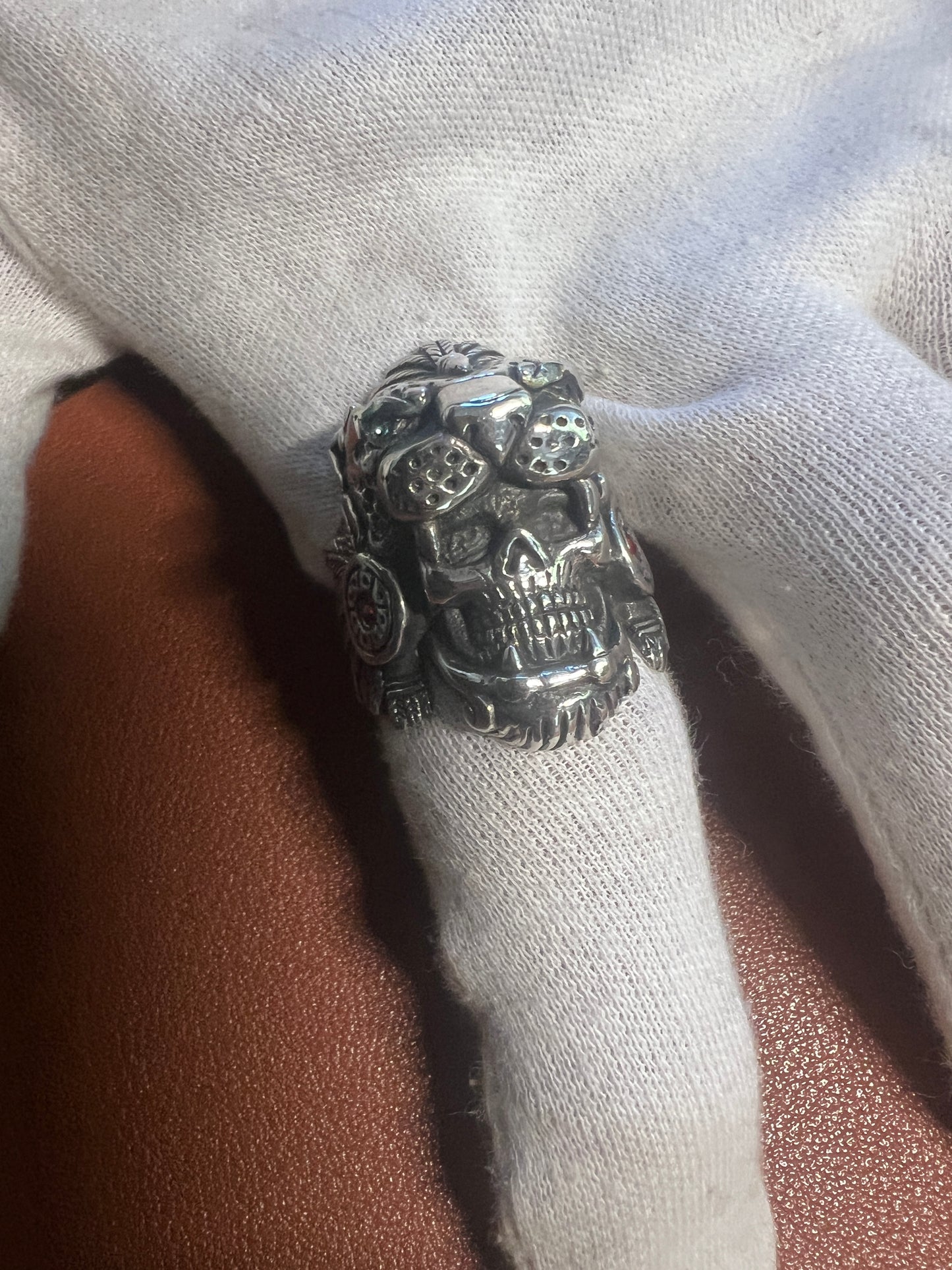 Jaguar Warrior Ring, Azteca, Maya, Sterling Silver, Size 13, with Red and Agua Marina Zirconia from Mexico (#10)