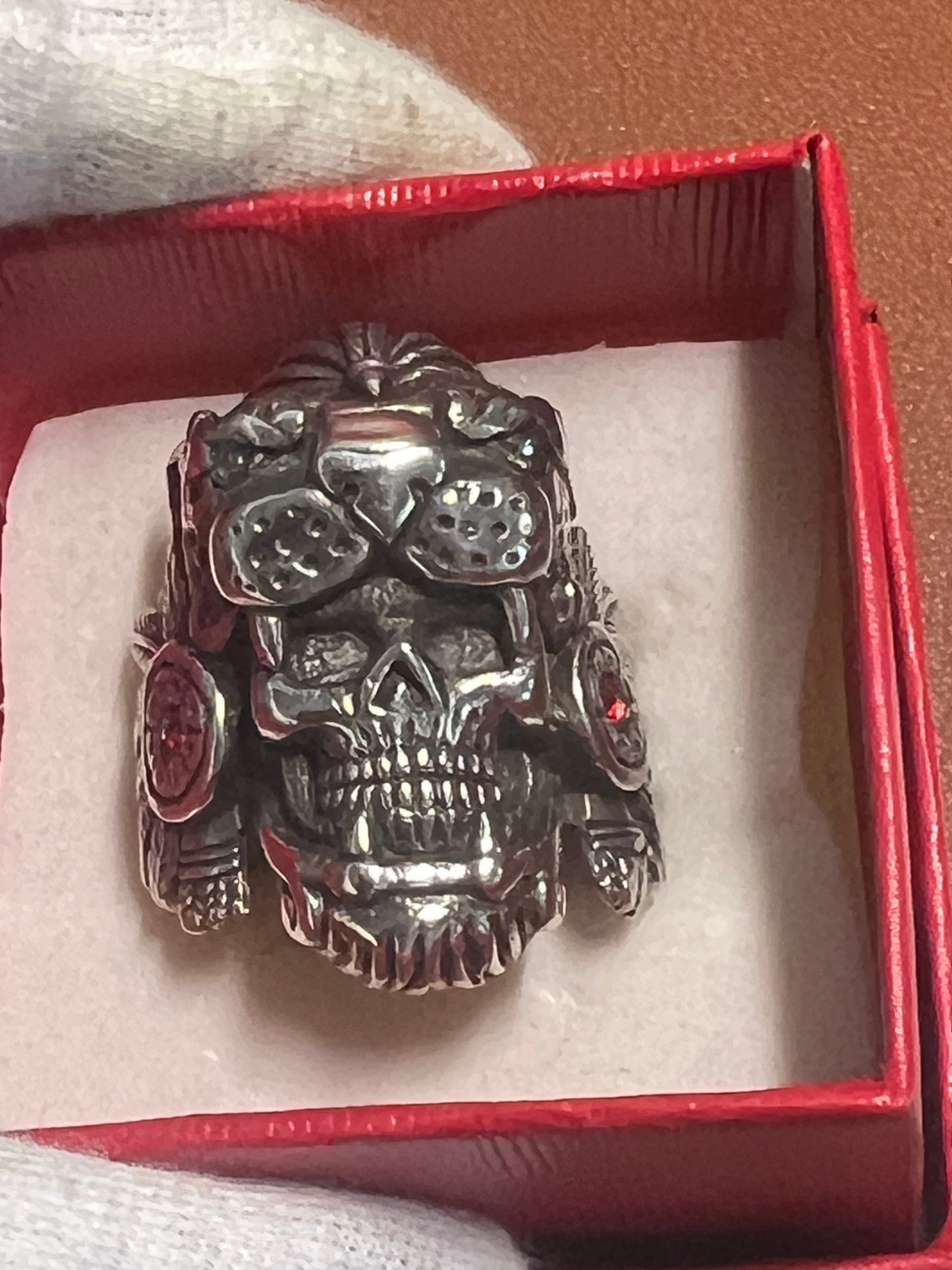 Jaguar Warrior Ring, Azteca, Maya, Sterling Silver, Size 13, with Red and Agua Marina Zirconia from Mexico (#10)