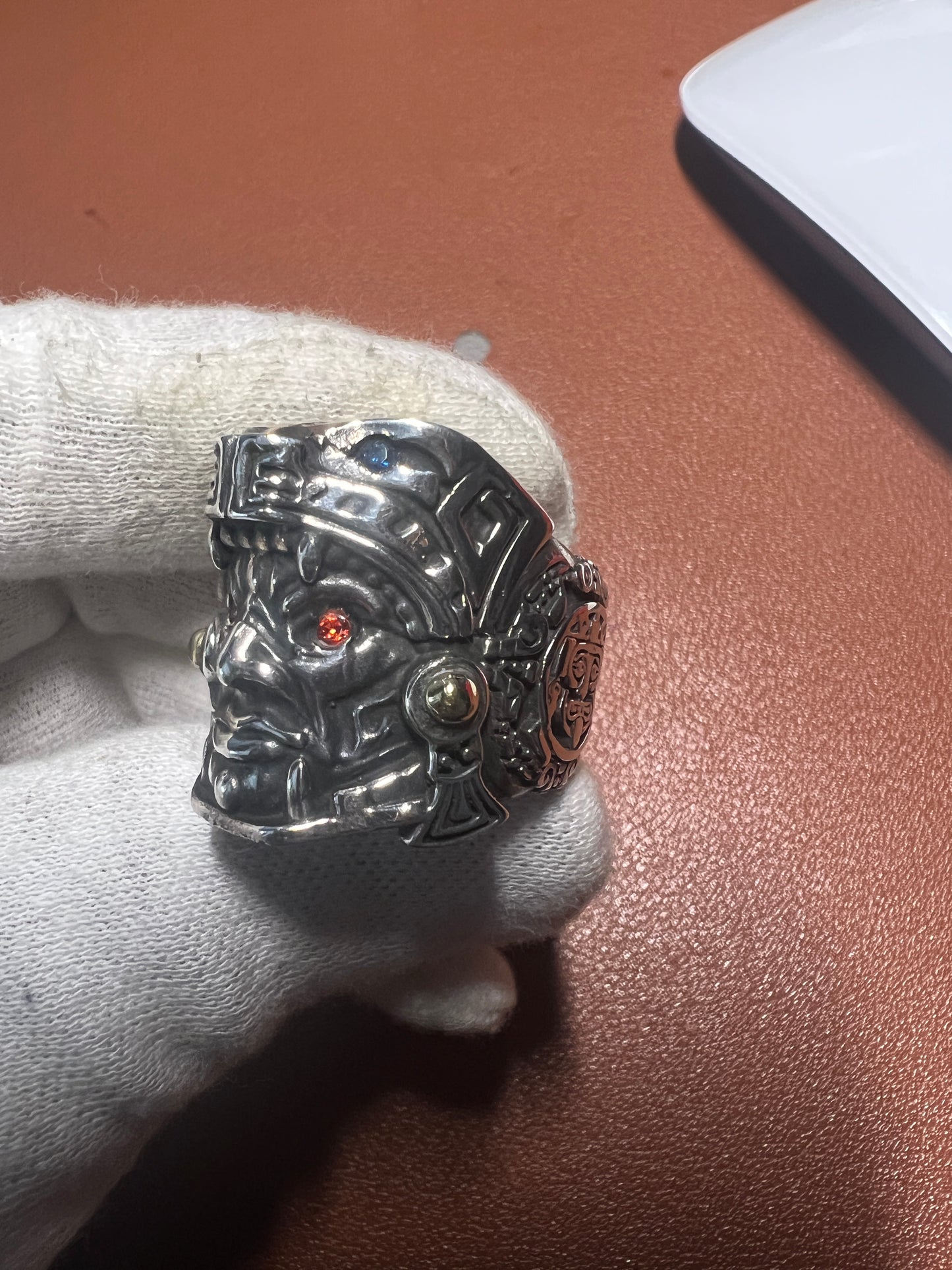 Quetzalcoatl or Kukulkan Warrior Ring, Aztec, Mayan, Sterling Silver, Size 9, Zirconia Mexico (#1)