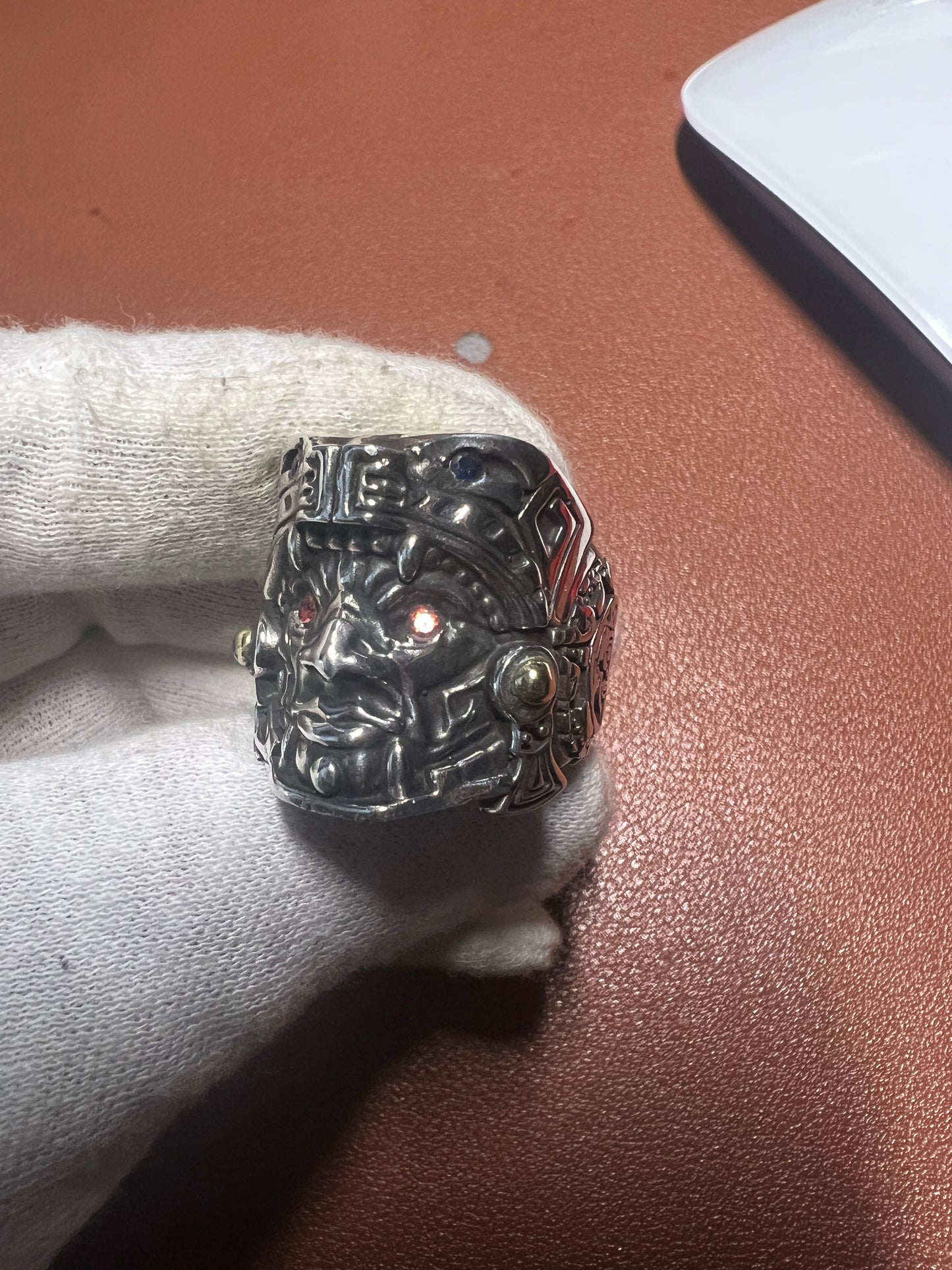 Quetzalcoatl or Kukulkan Warrior Ring, Aztec, Mayan, Sterling Silver, Size 9, Zirconia Mexico (#1)