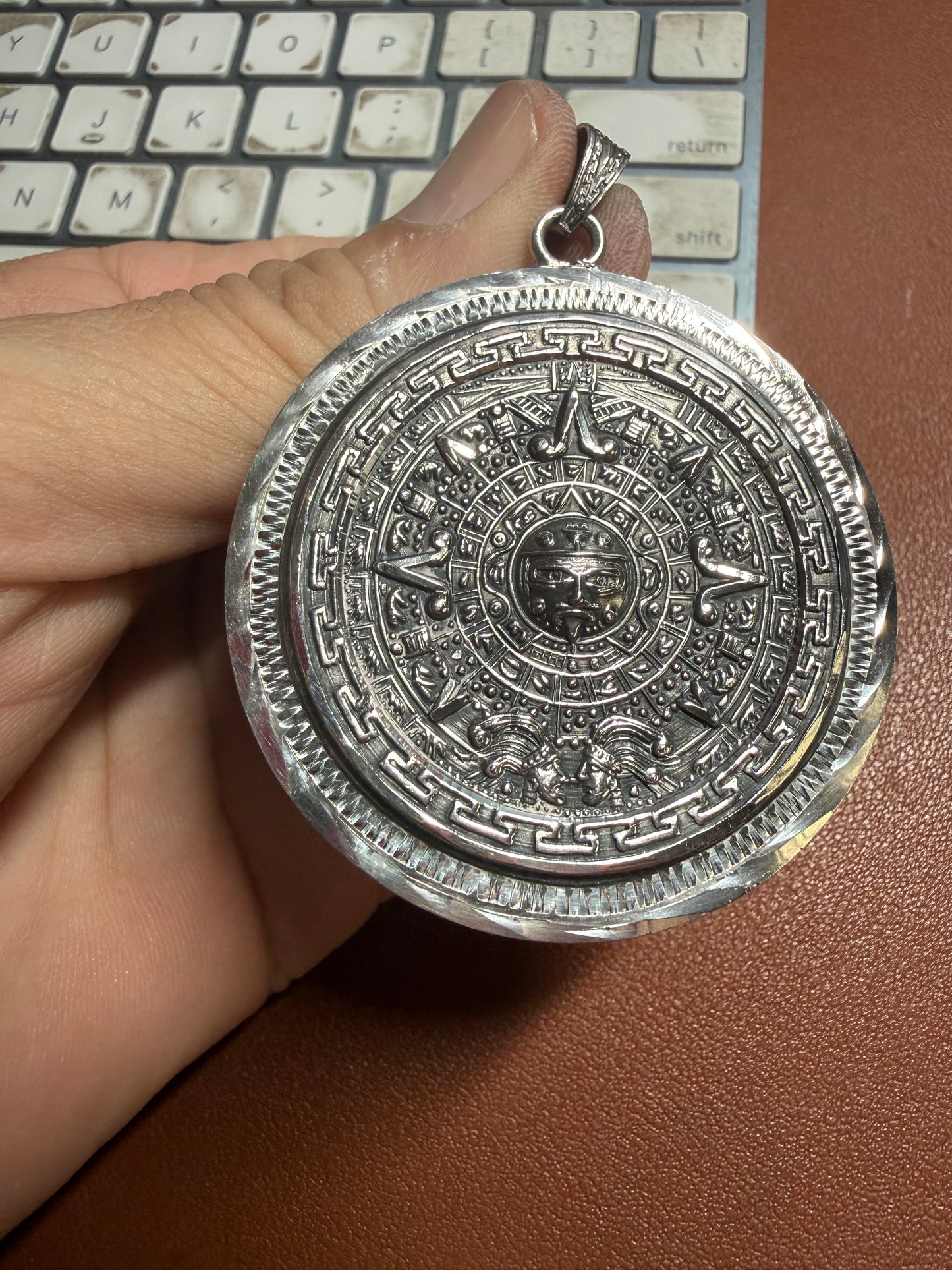 Massive Sterling Silver Mexican Aztec Sun Stone Pendant 2 1/8" 40.4g 925 (#Xa38)