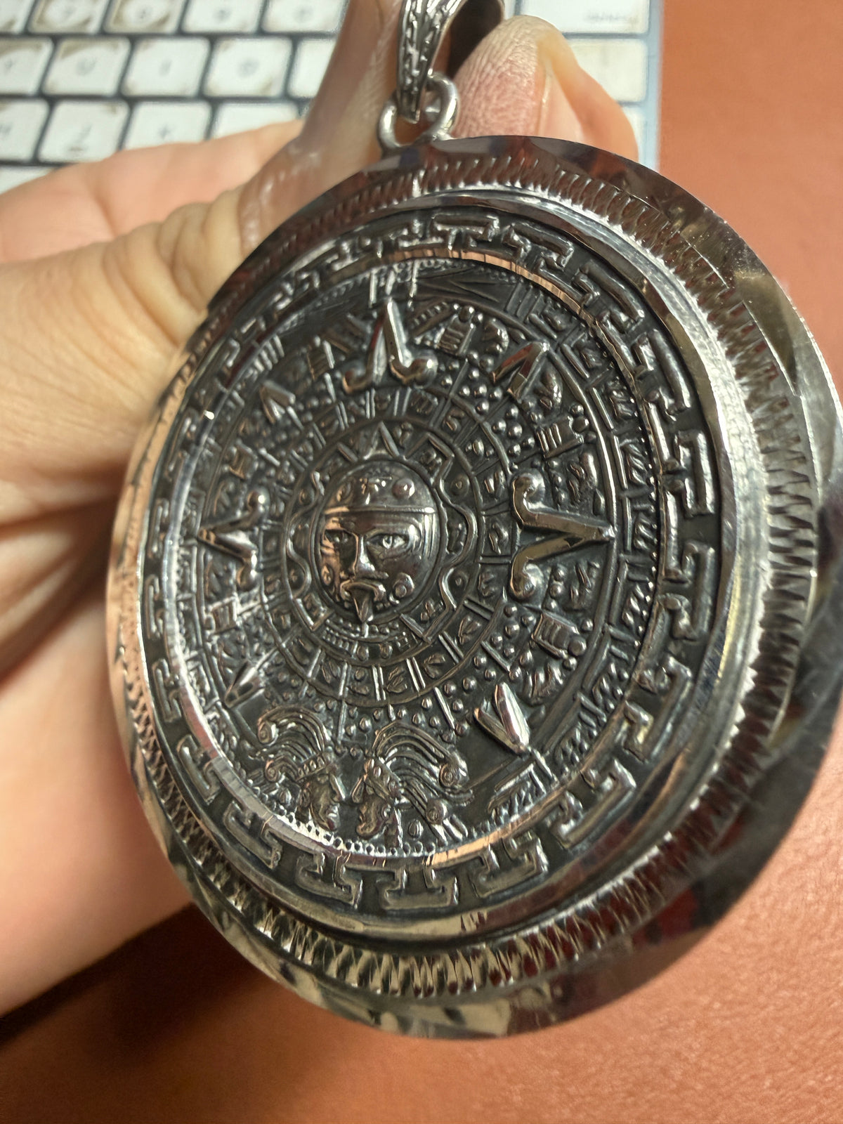 Massive Sterling Silver Mexican Aztec Sun Stone Pendant 2 1/8" 40.4g 925 (#Xa38)