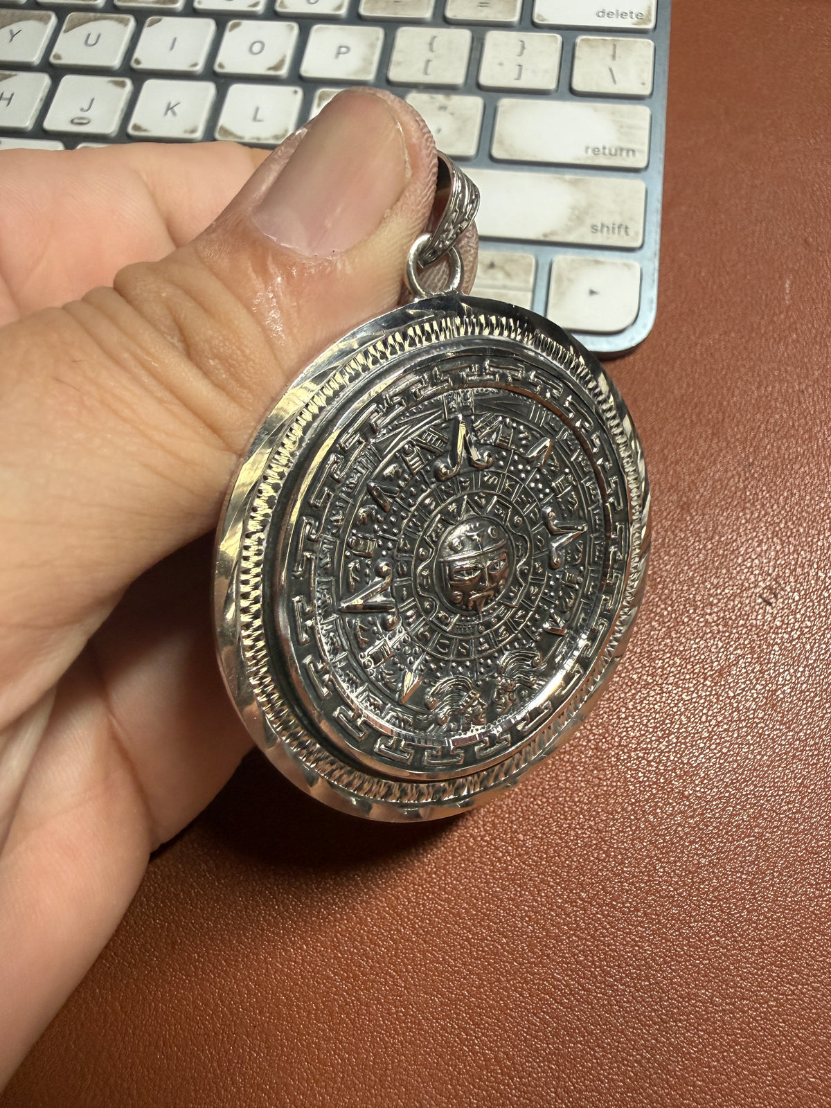 Massive Sterling Silver Mexican Aztec Sun Stone Pendant 2 1/8" 40.4g 925 (#Xa38)