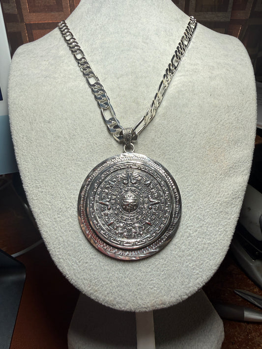 Massive Sterling Silver Mexican Aztec Sun Stone Pendant 2 1/8" 40.4g 925 (#Xa38)