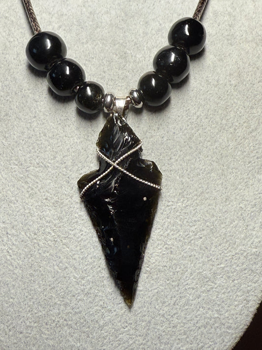 Obsidian Arrowhead, Pendant Necklace, Aztec MEXICA TRIBE, Indigenous, Mexico (#7)