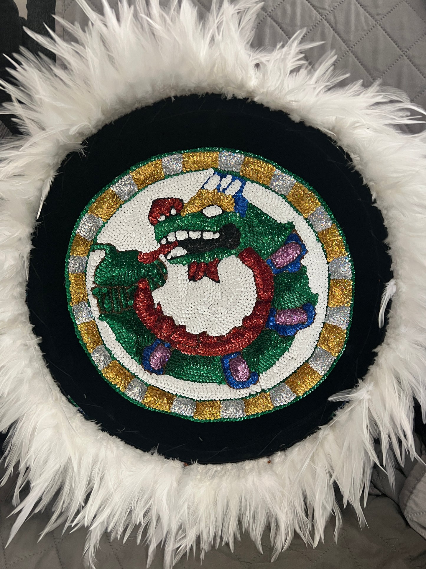 Chimalli Quetzalcoatl Azteca Danza Shield, Embroidered, Sequins, Kukulkan Mayan Plumed Serpent, Feathered Serpent Pow Wow, Mitotoliztli