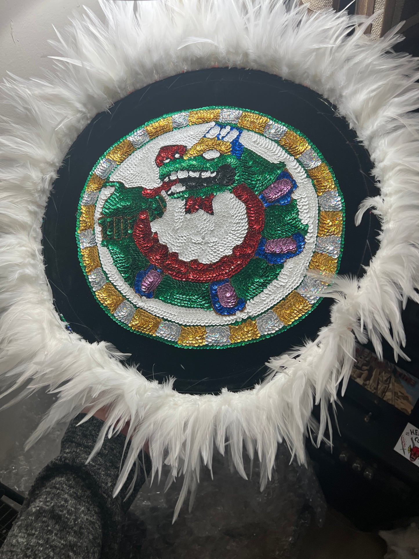 Chimalli Quetzalcoatl Azteca Danza Shield, Embroidered, Sequins, Kukulkan Mayan Plumed Serpent, Feathered Serpent Pow Wow, Mitotoliztli