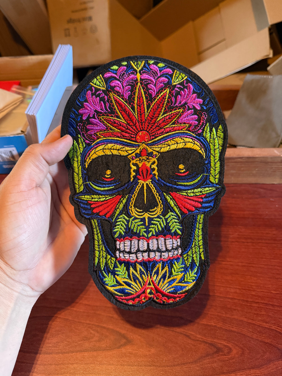 Mexican Skull, Iron On Patch, 9" Day of the Dead, Dia De Muertos, Colorful Vibrant patch #24