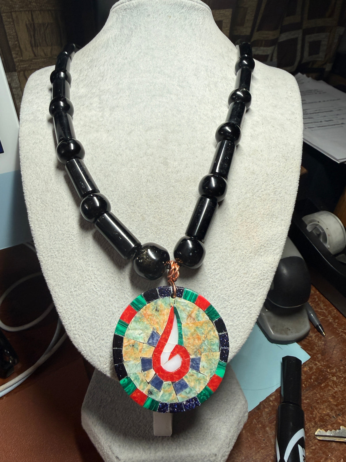 Tenochtitlan Ute-Azteca Nahuatl Speech Symbol Pendant Necklace, Obsidian, Beads, Parakeet Turquoise, Nacre, Coral, Handmade in Mexico (#15)