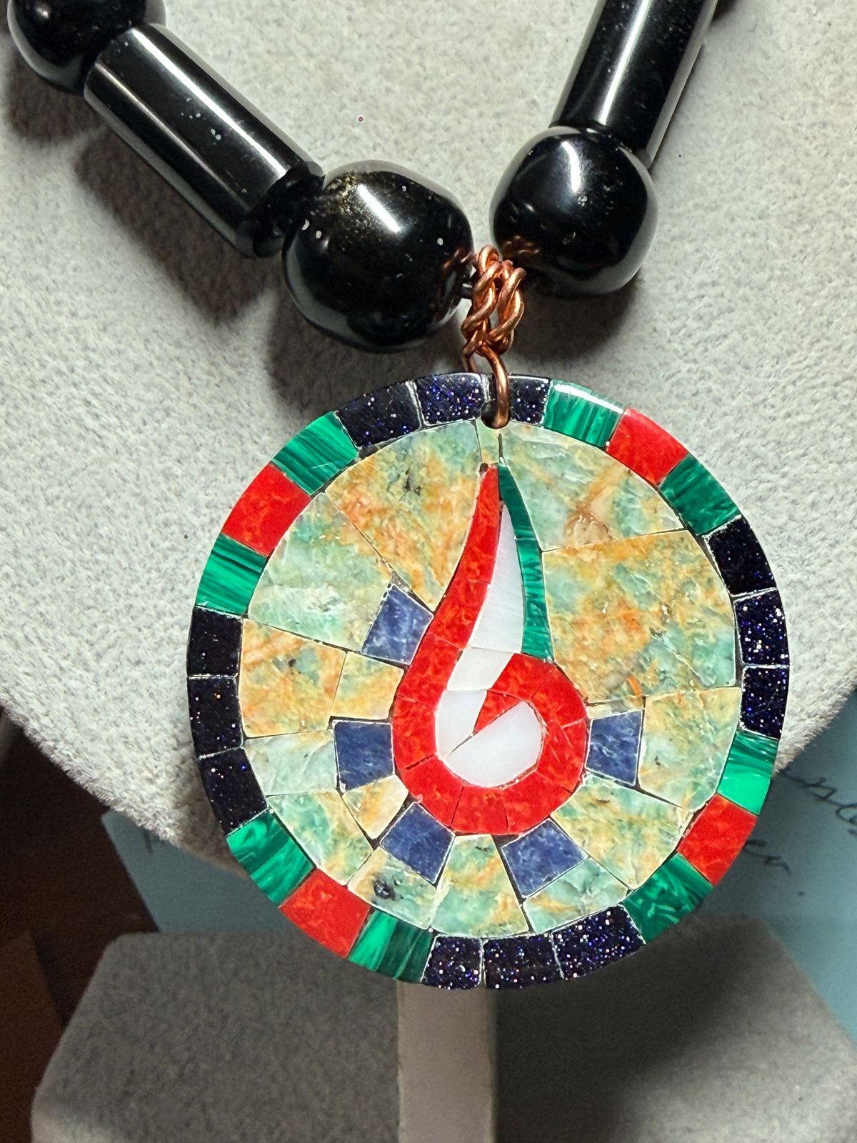Tenochtitlan Ute-Azteca Nahuatl Speech Symbol Pendant Necklace, Obsidian, Beads, Parakeet Turquoise, Nacre, Coral, Handmade in Mexico (#15)