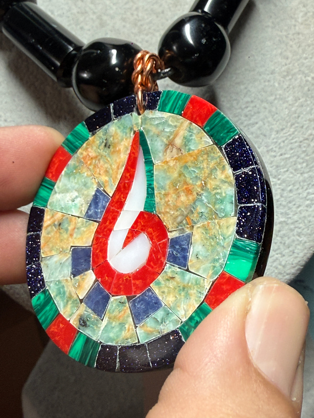 Tenochtitlan Ute-Azteca Nahuatl Speech Symbol Pendant Necklace, Obsidian, Beads, Parakeet Turquoise, Nacre, Coral, Handmade in Mexico (#15)