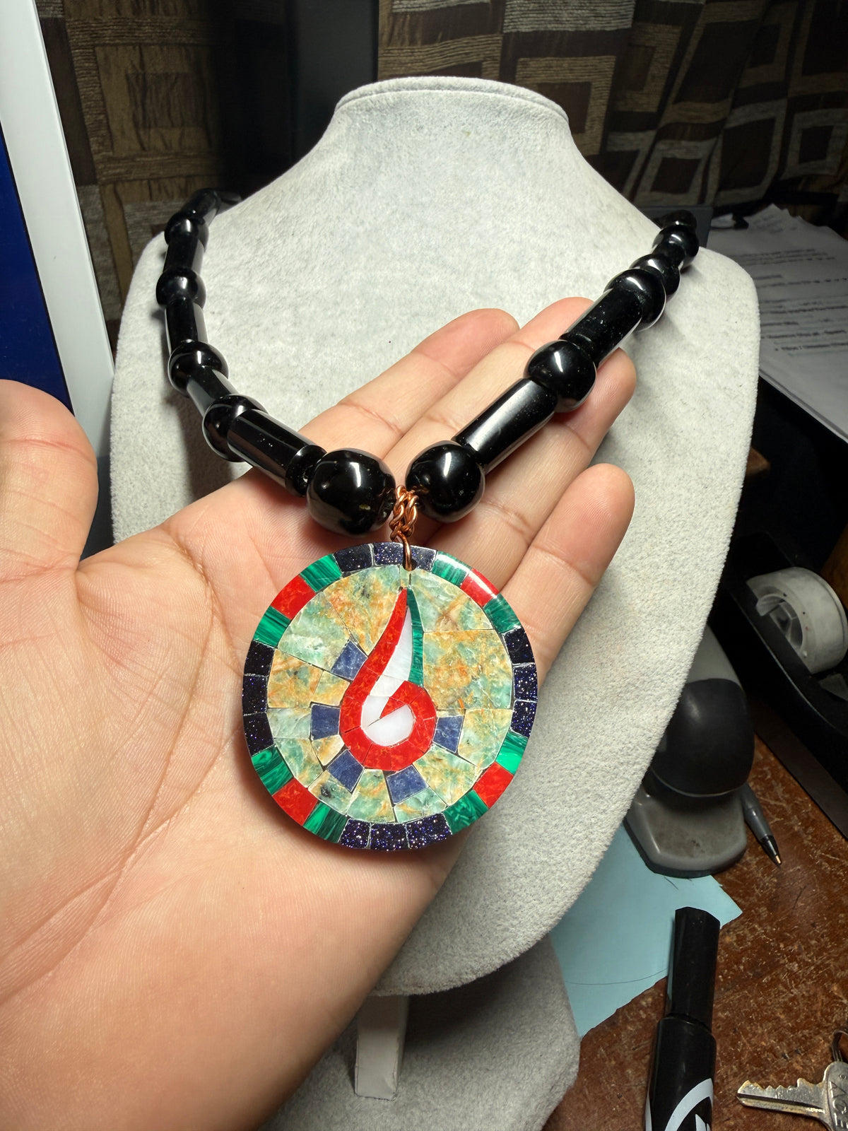 Tenochtitlan Ute-Azteca Nahuatl Speech Symbol Pendant Necklace, Obsidian, Beads, Parakeet Turquoise, Nacre, Coral, Handmade in Mexico (#15)