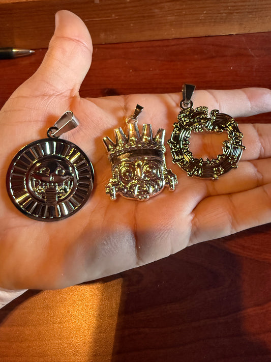 3 Aztec Pedants, Silver Tone, Mictlantecuhtli, Tlaloc, & Quetzalcoatl, Metal #36