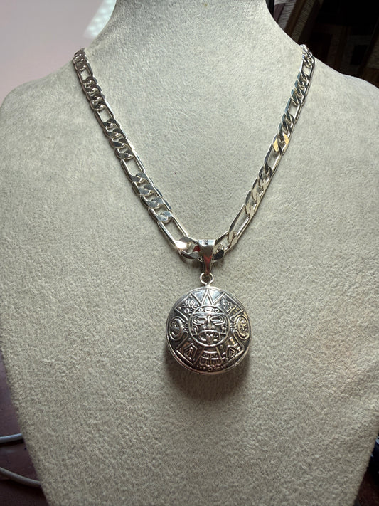 Vintage Tonatiuh Aztec Calendar UFO Saucer Sterling Pendant Necklace 11g (Xa40)