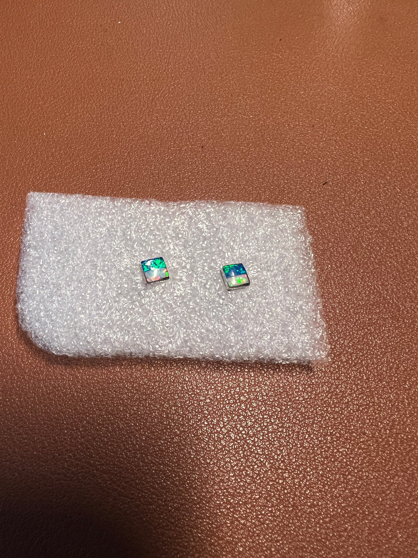 5mm Square Danty Earrings, post, mother of pearl, sterling silver, shiny blue green sparkles #7