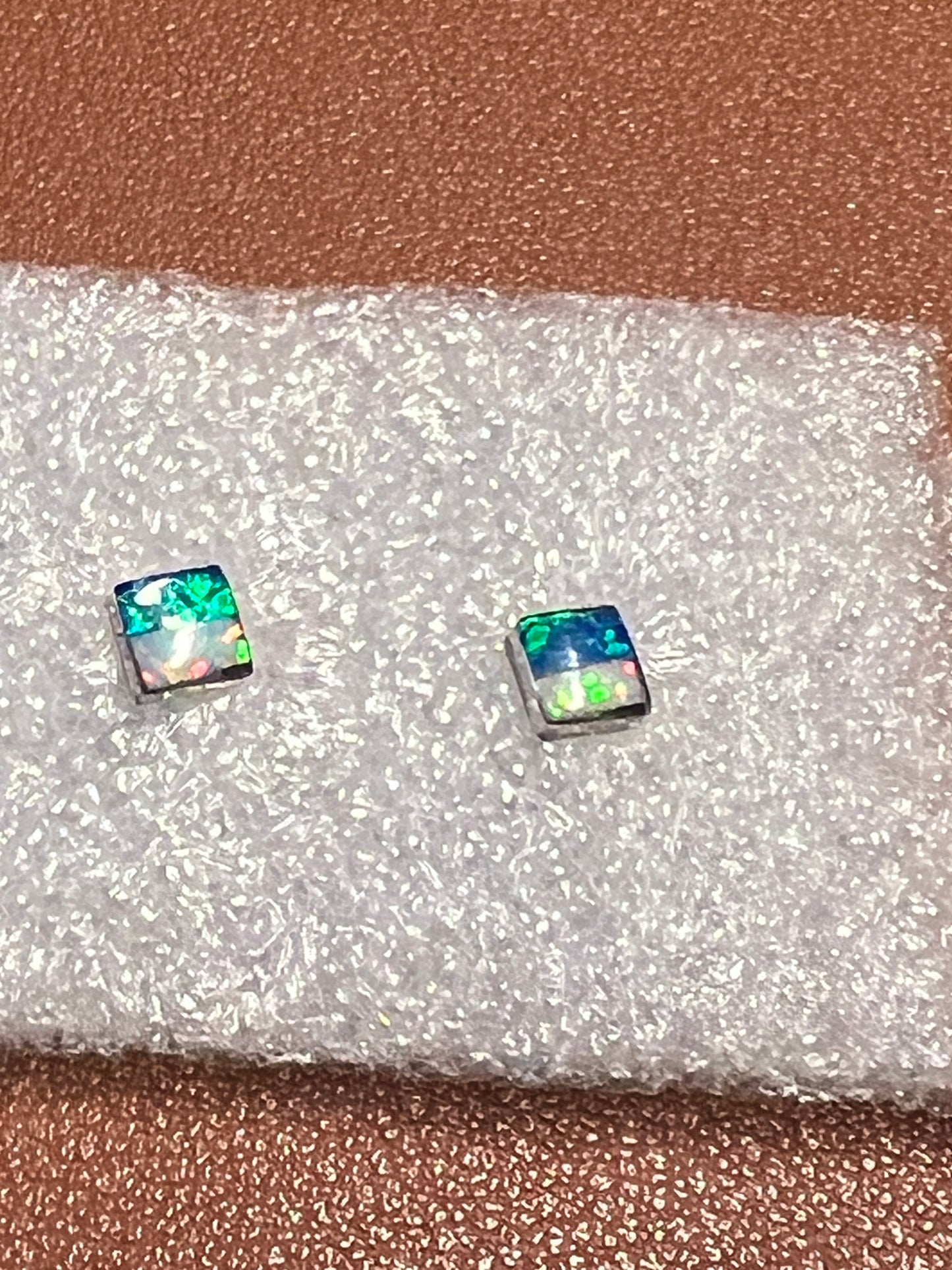 5mm Square Danty Earrings, post, mother of pearl, sterling silver, shiny blue green sparkles #7