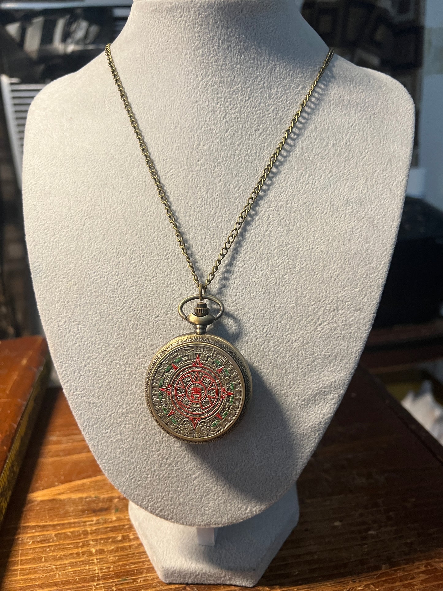 Aztec Gold Calendar Sun Stone Necklace Watch Bronze Quartz, old fashion #20