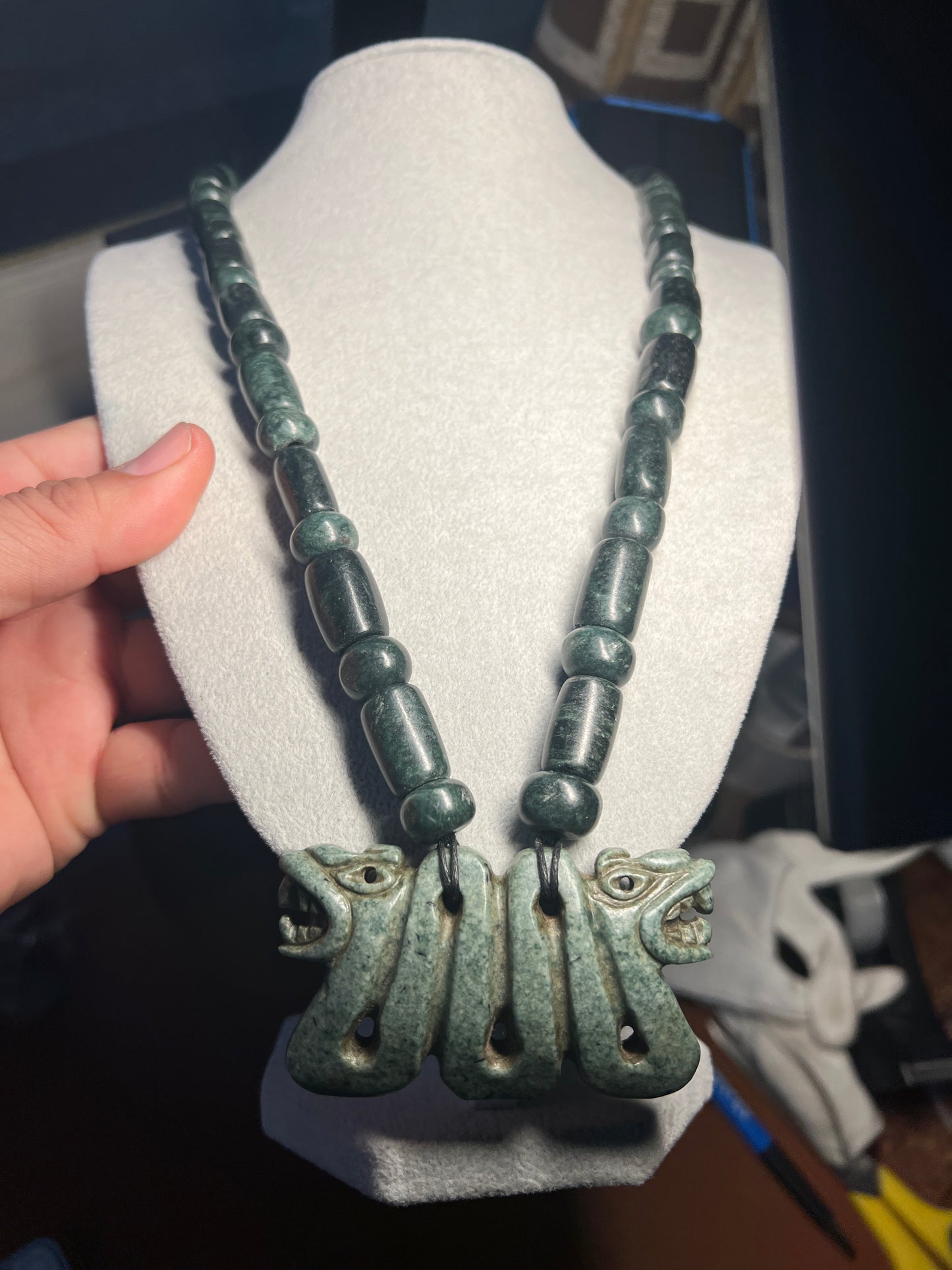 Jadite Maquitzcoatl Double Headed Serpent Necklace from Guatemala, Jade Beads, Snake, Good Luck, Aztec, Mexica  (#37