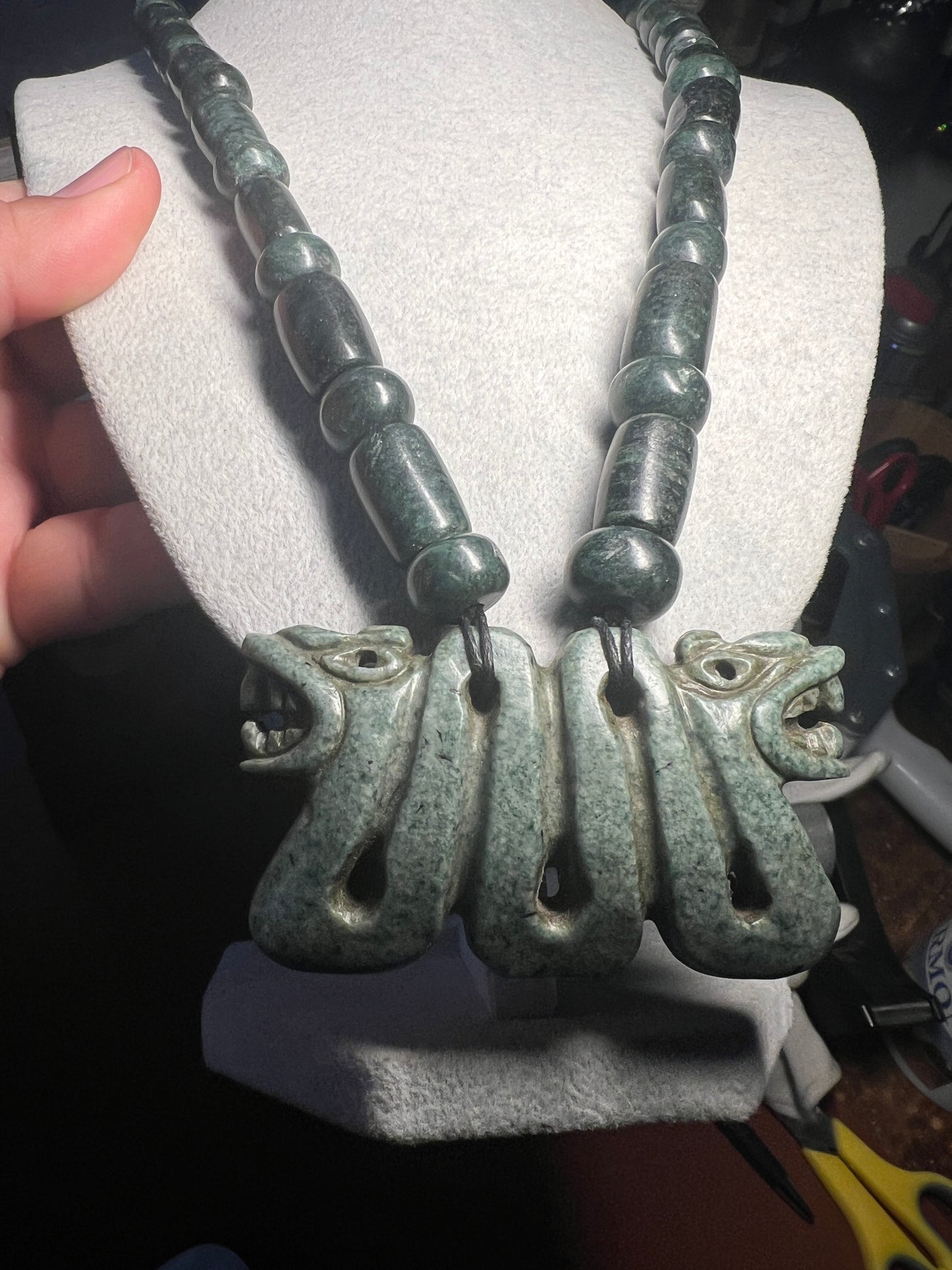 Jadite Maquitzcoatl Double Headed Serpent Necklace from Guatemala, Jade Beads, Snake, Good Luck, Aztec, Mexica  (#37