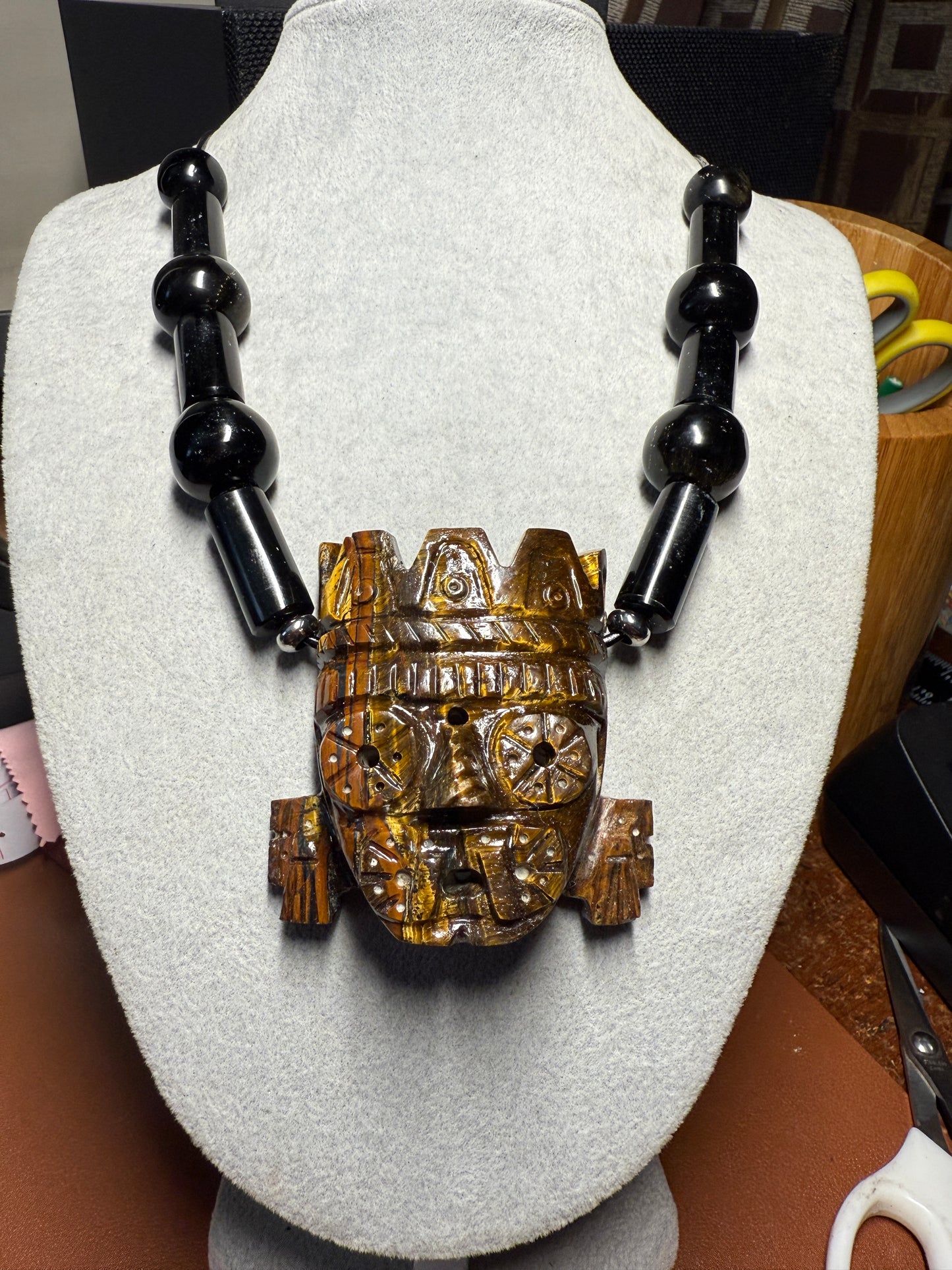 Golden Tlaloc TigerEye Stone Pendant Necklace, 2 1/2", Gold Sheen Black Obsidian Beads, All Handmade, Super Rare, Aztec, Azteca, Mexica #H