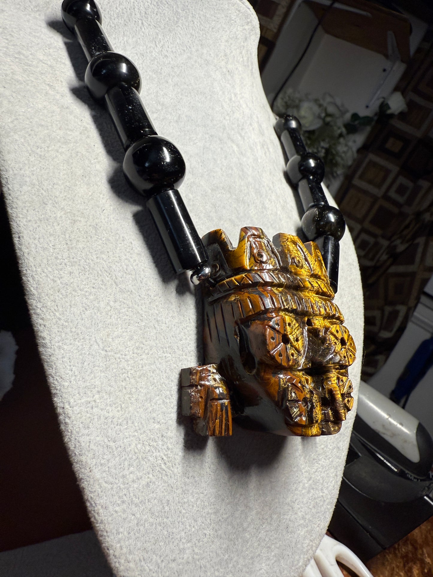 Golden Tlaloc TigerEye Stone Pendant Necklace, 2 1/2", Gold Sheen Black Obsidian Beads, All Handmade, Super Rare, Aztec, Azteca, Mexica #H