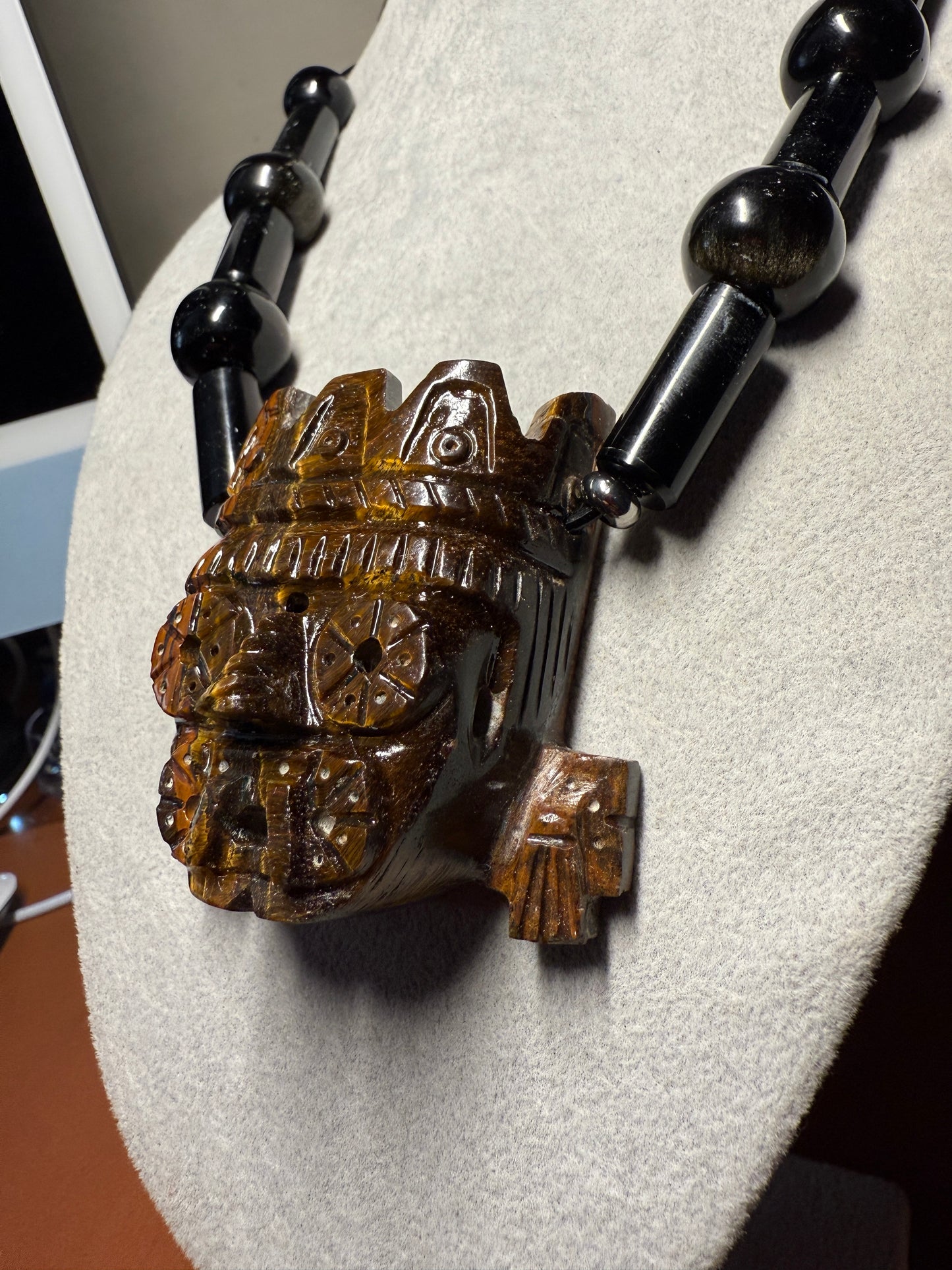 Golden Tlaloc TigerEye Stone Pendant Necklace, 2 1/2", Gold Sheen Black Obsidian Beads, All Handmade, Super Rare, Aztec, Azteca, Mexica #H