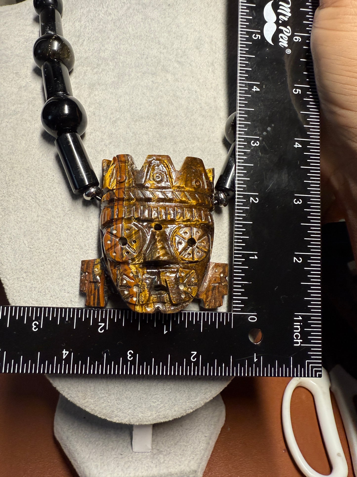 Golden Tlaloc TigerEye Stone Pendant Necklace, 2 1/2", Gold Sheen Black Obsidian Beads, All Handmade, Super Rare, Aztec, Azteca, Mexica #H