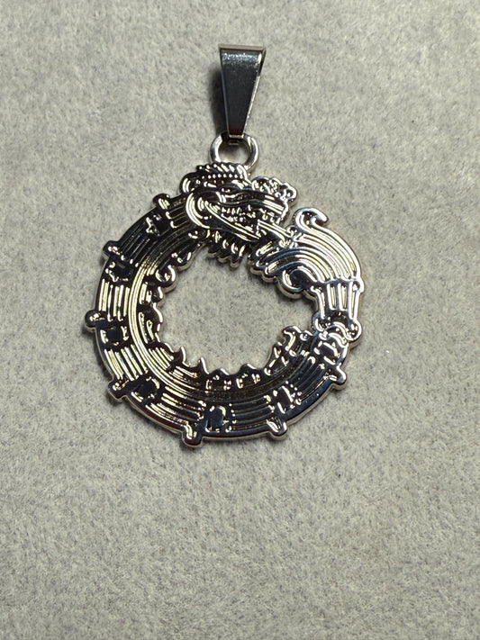 Aztec Quetzalcoatl Mayan Kukulkan Dragon Pendant, Silver Tone Metal, Mexican #39