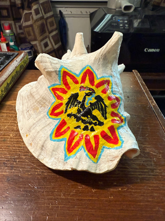 Aztec Cuitlahuac Conch Shell Horn - Seashell Trumpet, 9", Painted, Used, Mexican