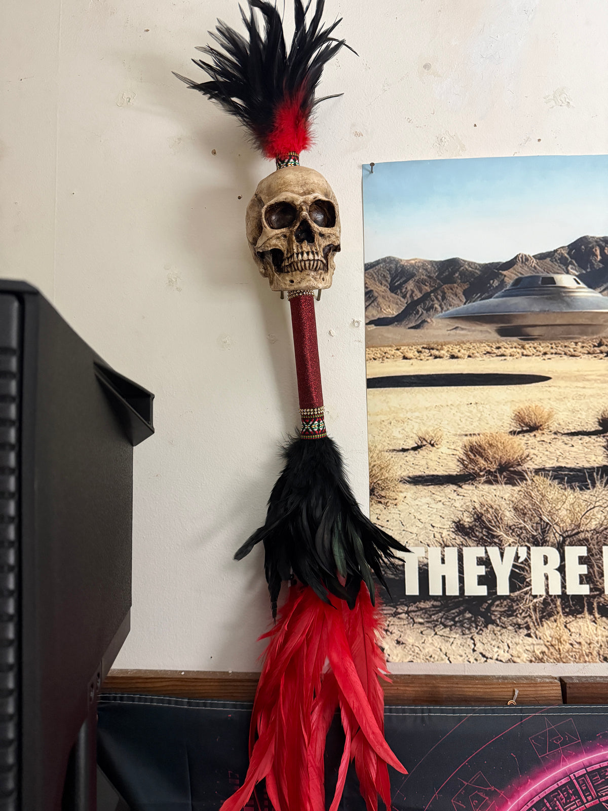 Aztec Mictlantecuhtli Danza Azteca Rattle Sonajero, Hand Made in Mexico Red Black