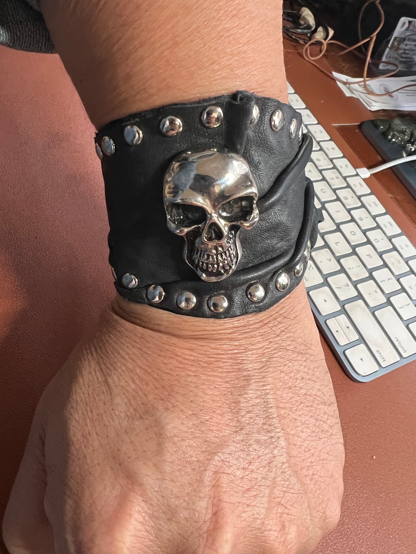 Leather Aztec Wrist Cuff Bracelet Skull, Studs, Mens, handmade Mexica Aztec (#37)