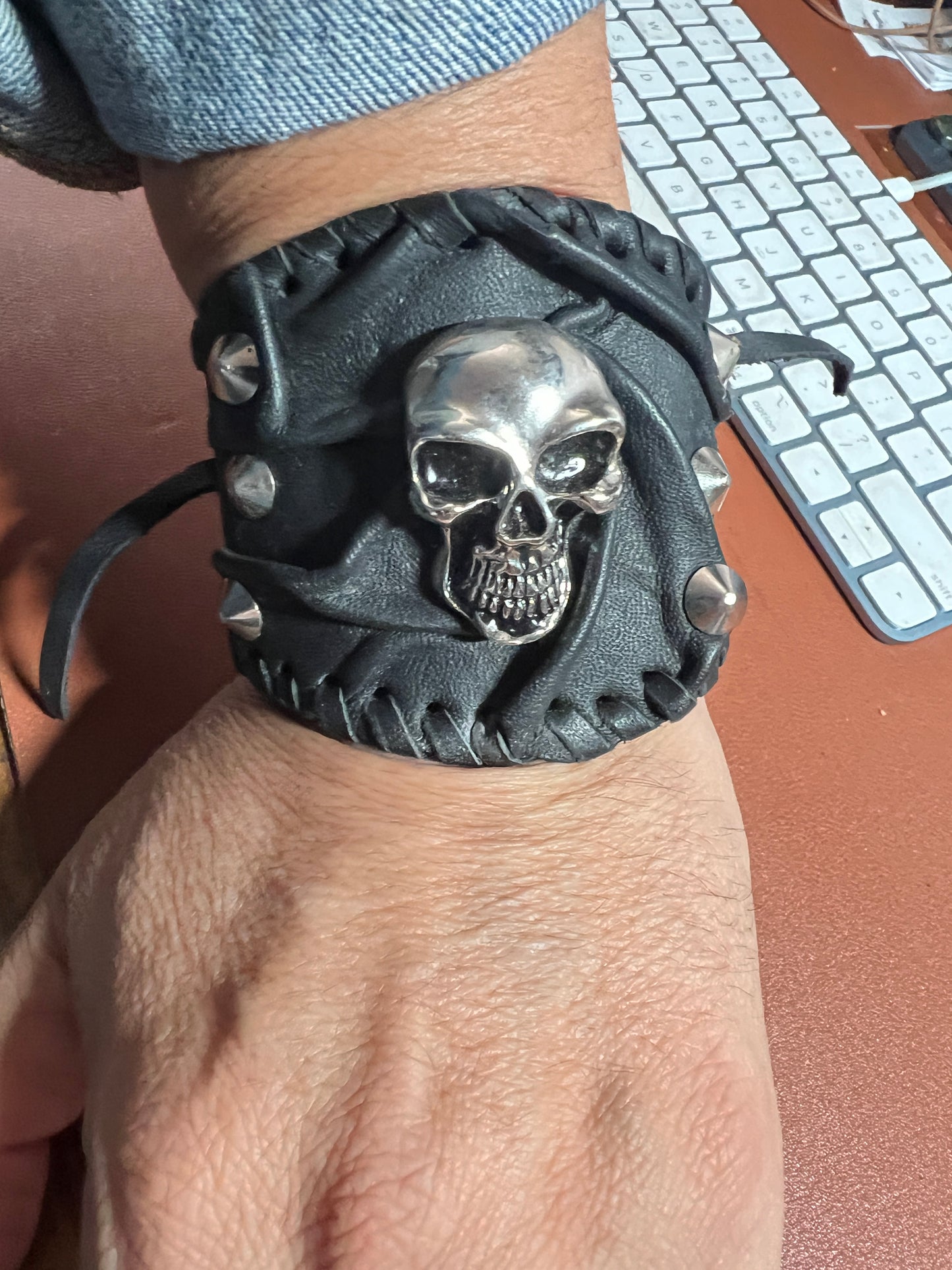 Leather Aztec Wrist Cuff Bracelet Skull, Studs, Mens, handmade Mexica Aztec #38