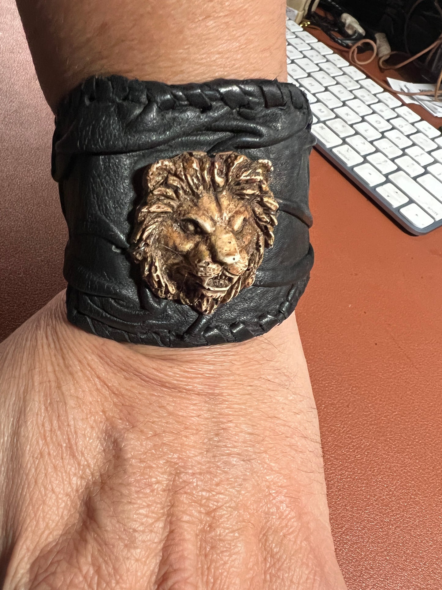 Leather Aztec Wrist Cuff Bracelet Lion, Leo, Mens, handmade Mexica Aztec (#36)