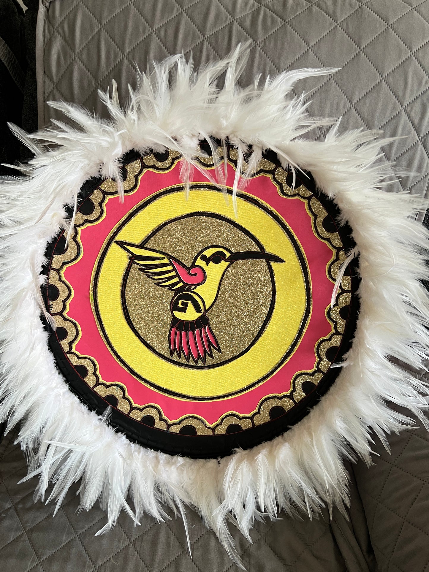 Chimalli Hummingbird Danzante Azteca Dance Shield Huitzilipochtli Feathers, 17", Aztec Pow Wow, Netotiliztli,