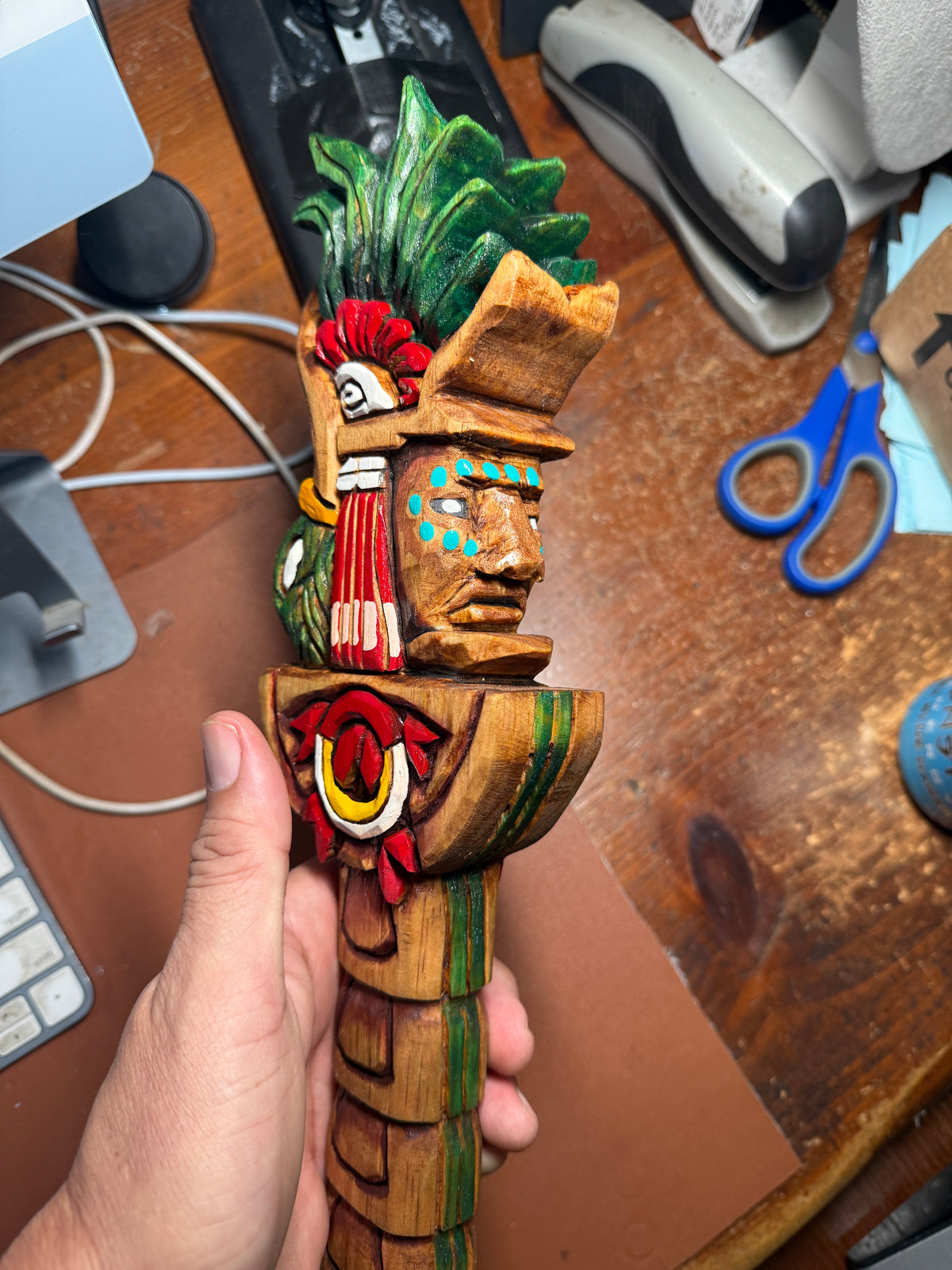 Huitzilopochtli Hummingbird Dagger, Aztec, Mexica, Deep Wood Carved, Obsidian 20"
