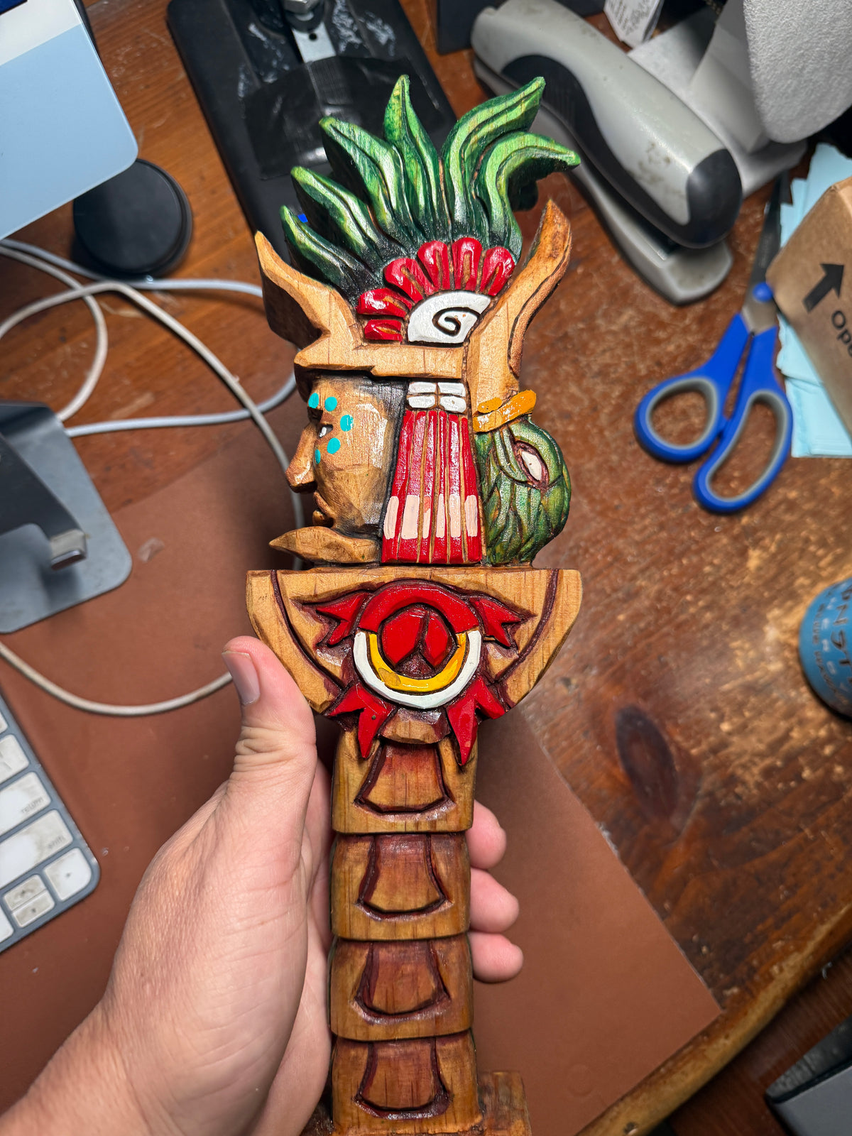 Huitzilopochtli Hummingbird Dagger, Aztec, Mexica, Deep Wood Carved, Obsidian 20"