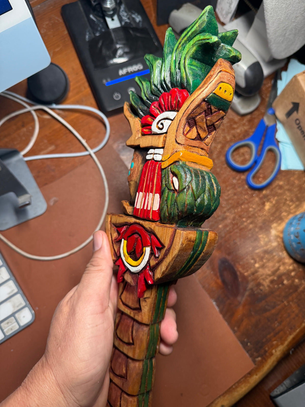 Huitzilopochtli Hummingbird Dagger, Aztec, Mexica, Deep Wood Carved, Obsidian 20"