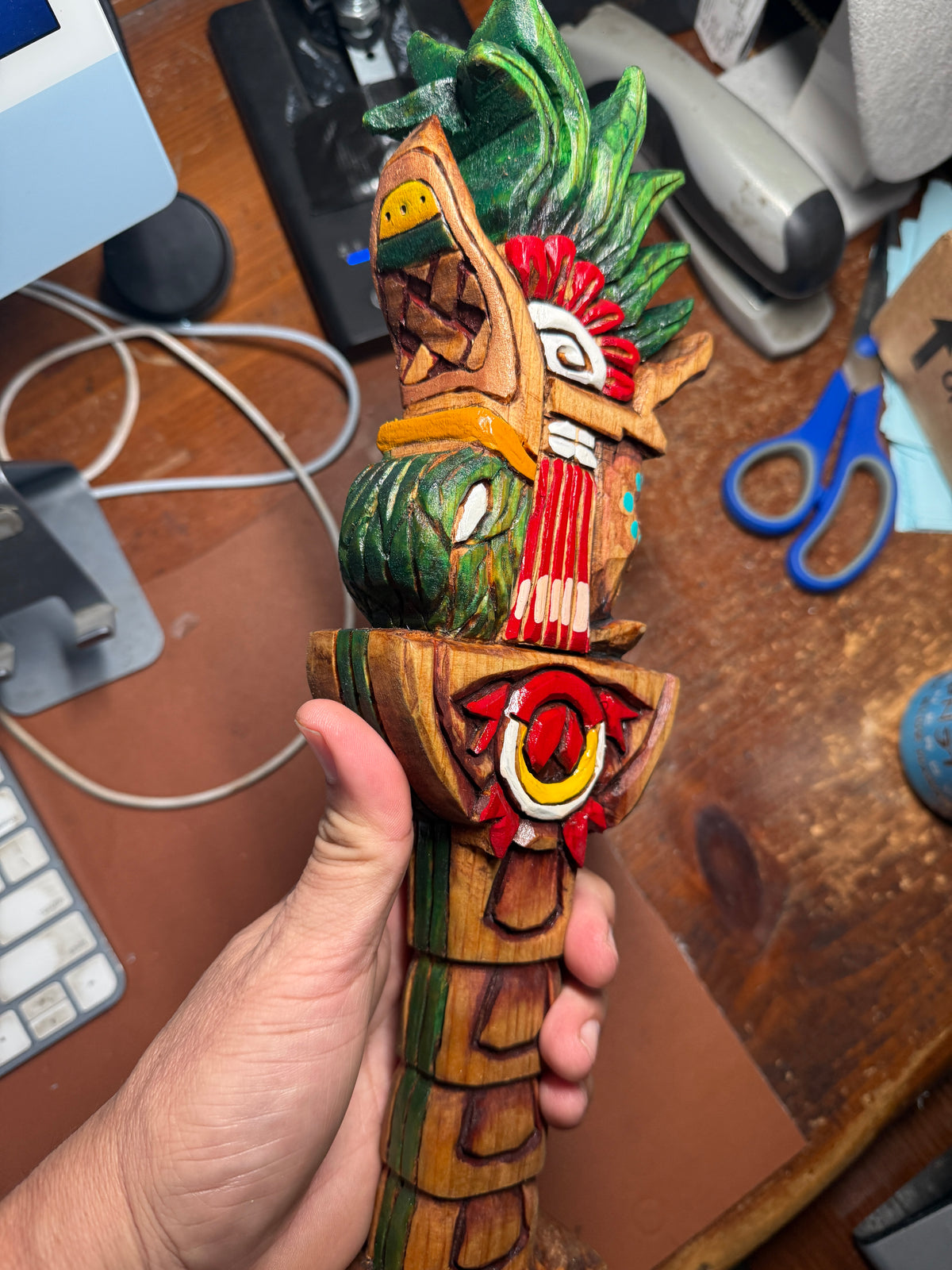 Huitzilopochtli Hummingbird Dagger, Aztec, Mexica, Deep Wood Carved, Obsidian 20"