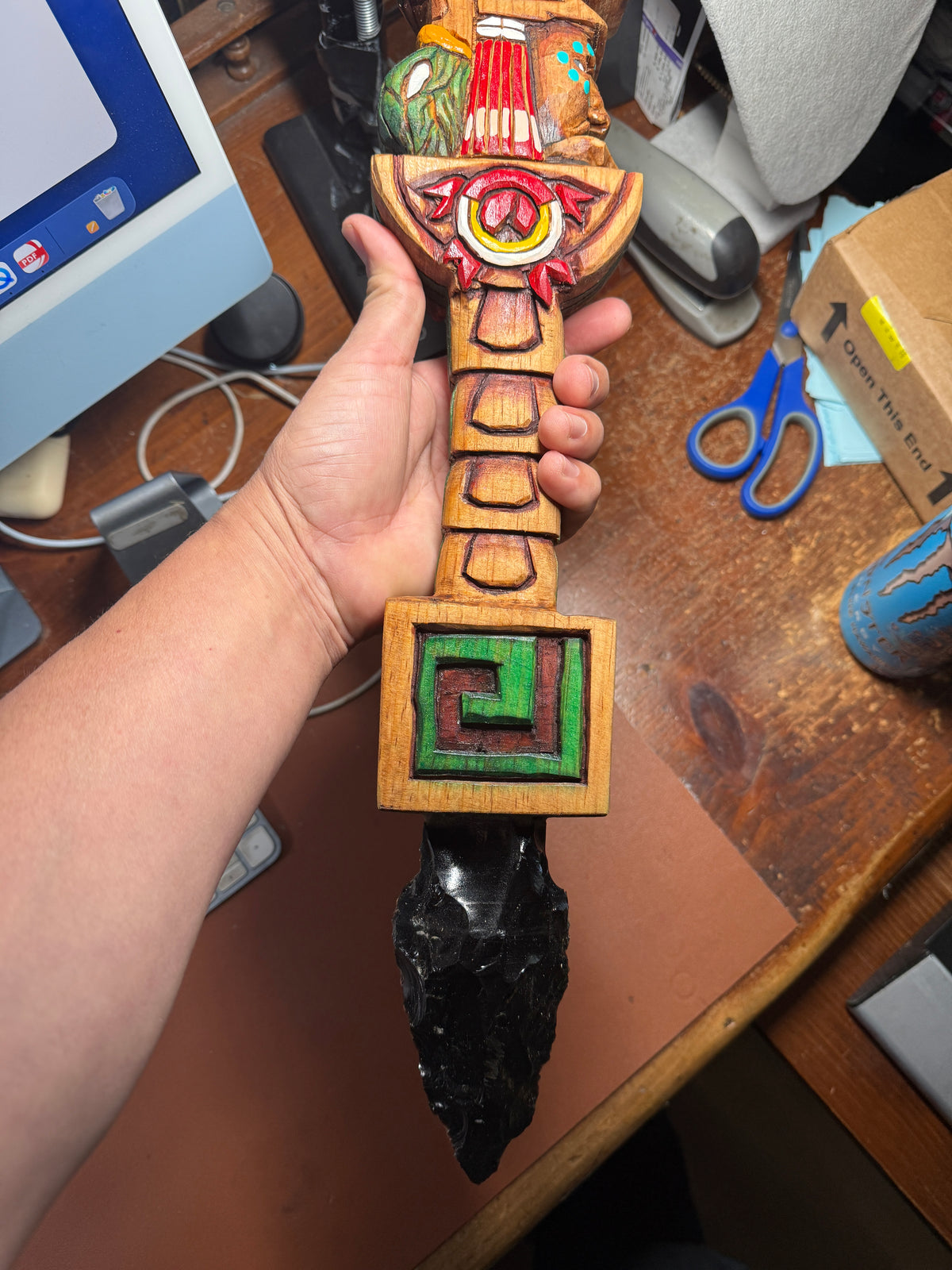 Huitzilopochtli Hummingbird Dagger, Aztec, Mexica, Deep Wood Carved, Obsidian 20"