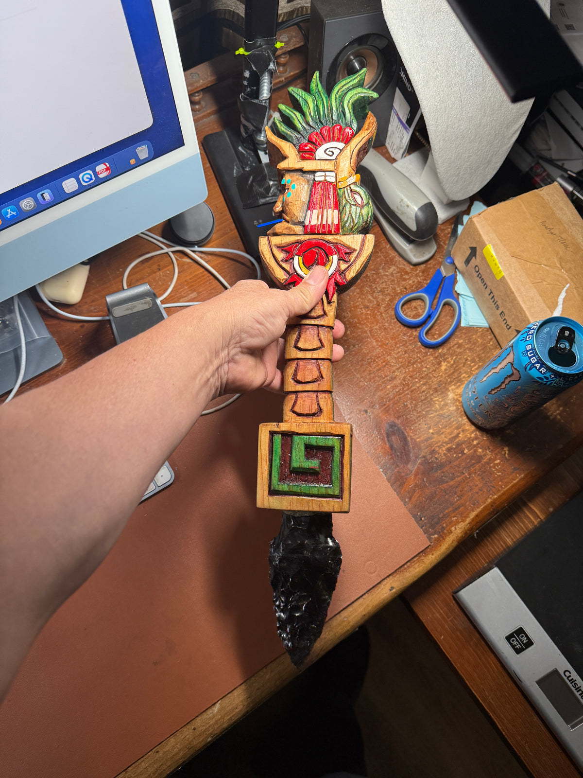 Huitzilopochtli Hummingbird Dagger, Aztec, Mexica, Deep Wood Carved, Obsidian 20"