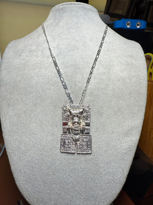 Sterling Silver Mictlantecuhtli Aztec Brooch Pendant w/925 plated Necklace #39