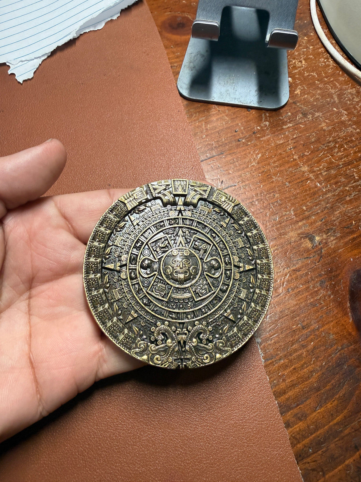 Bronze Tone Metal Aztec Calendar Belt Buckle, 3" Dia./1.5" Belt Width (#19)