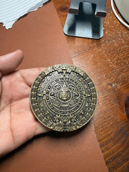 Bronze Tone Metal Aztec Calendar Belt Buckle, 3" Dia./1.5" Belt Width (#19)
