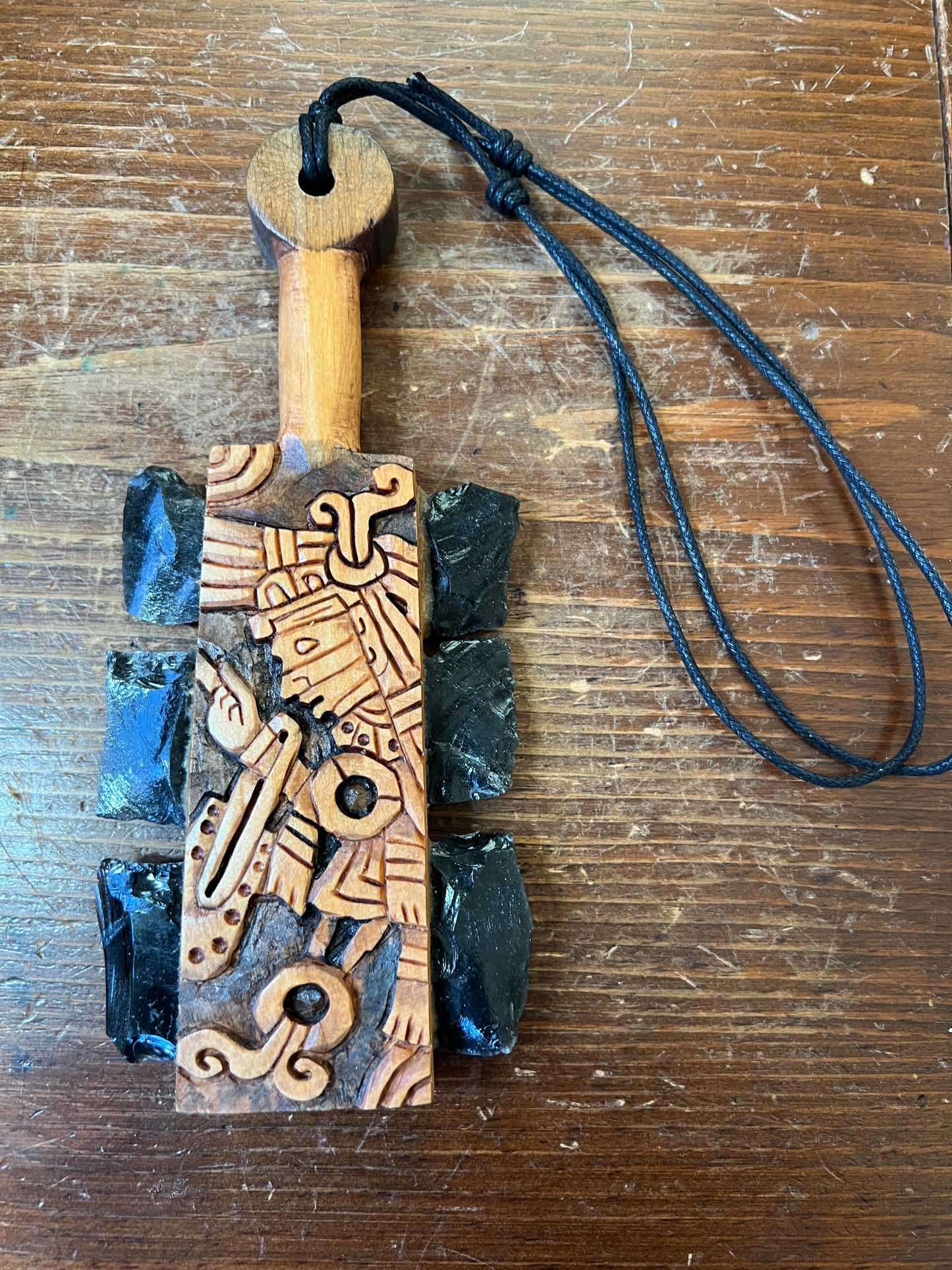 Mini Macuahuitl Azteca Tezcatlipoca, Smoking Mirror, Aztec God, Black Obsidian Blades, Hangable Art