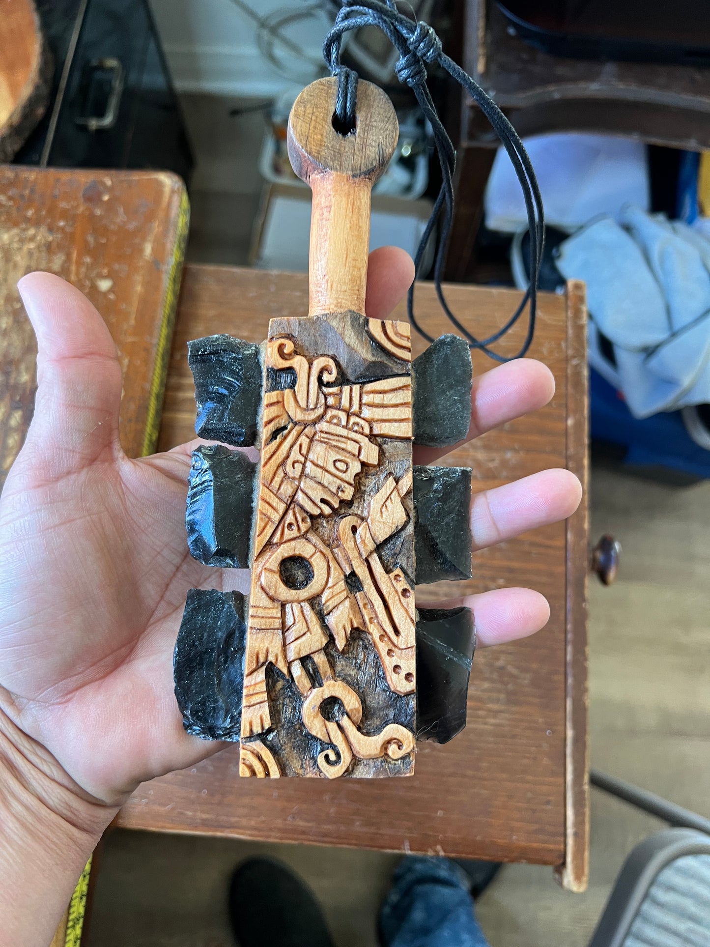 Mini Macuahuitl Azteca Tezcatlipoca, Smoking Mirror, Aztec God, Black Obsidian Blades, Hangable Art